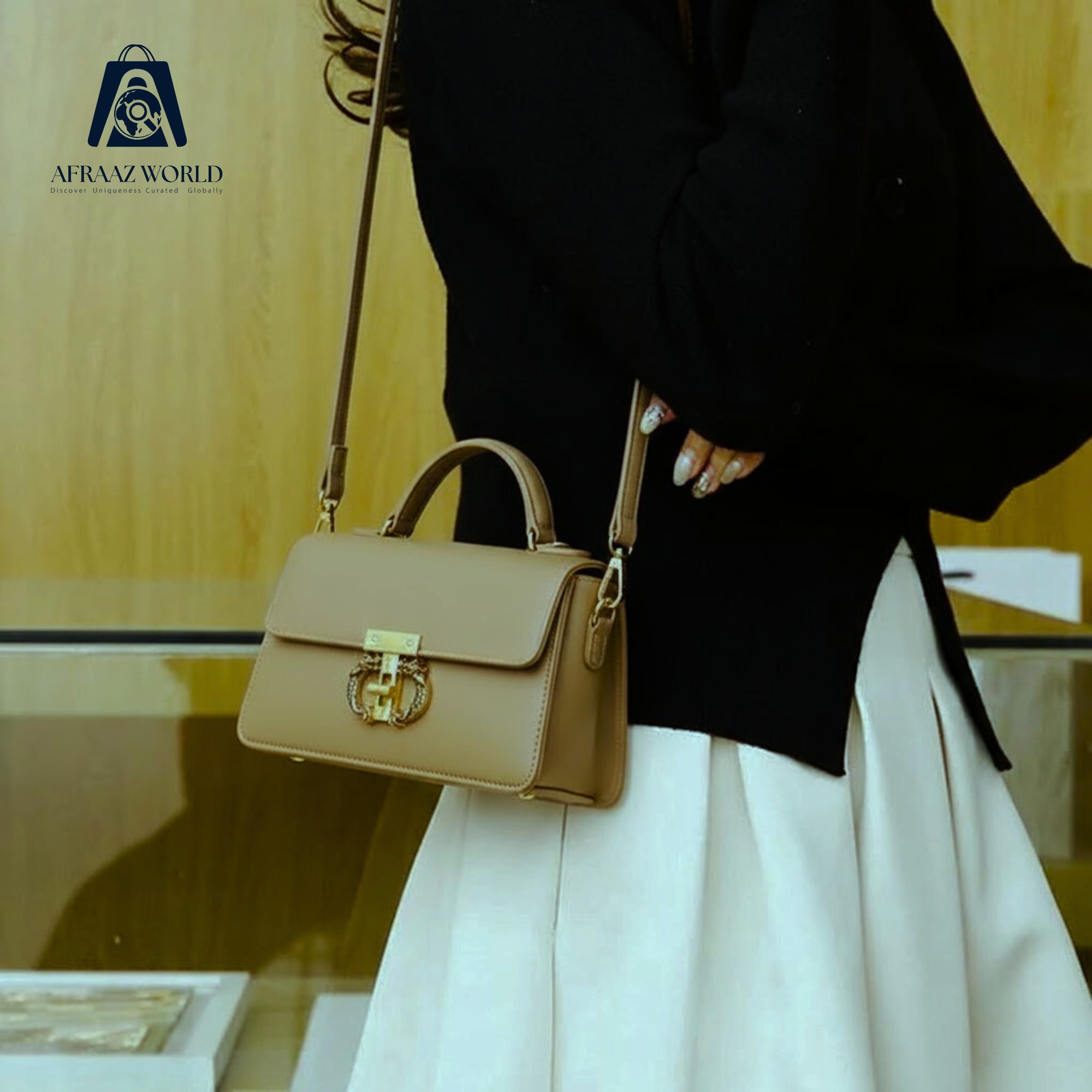 Luxury Beige Top Handle Bag for Women | Elegant Gold Ring Lock Handbag by Afraaz World