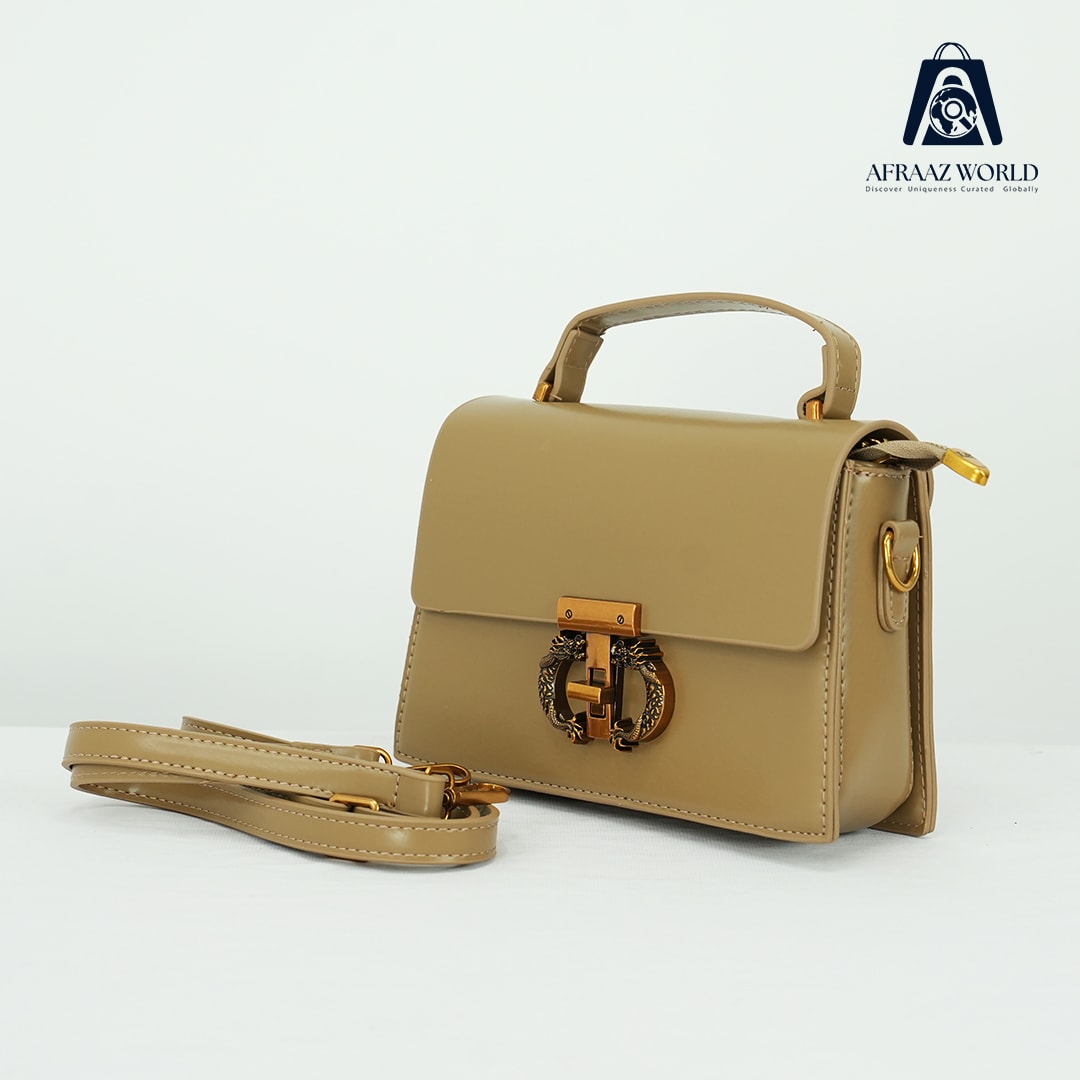 Luxury Beige Top Handle Bag for Women | Elegant Gold Ring Lock Handbag by Afraaz World