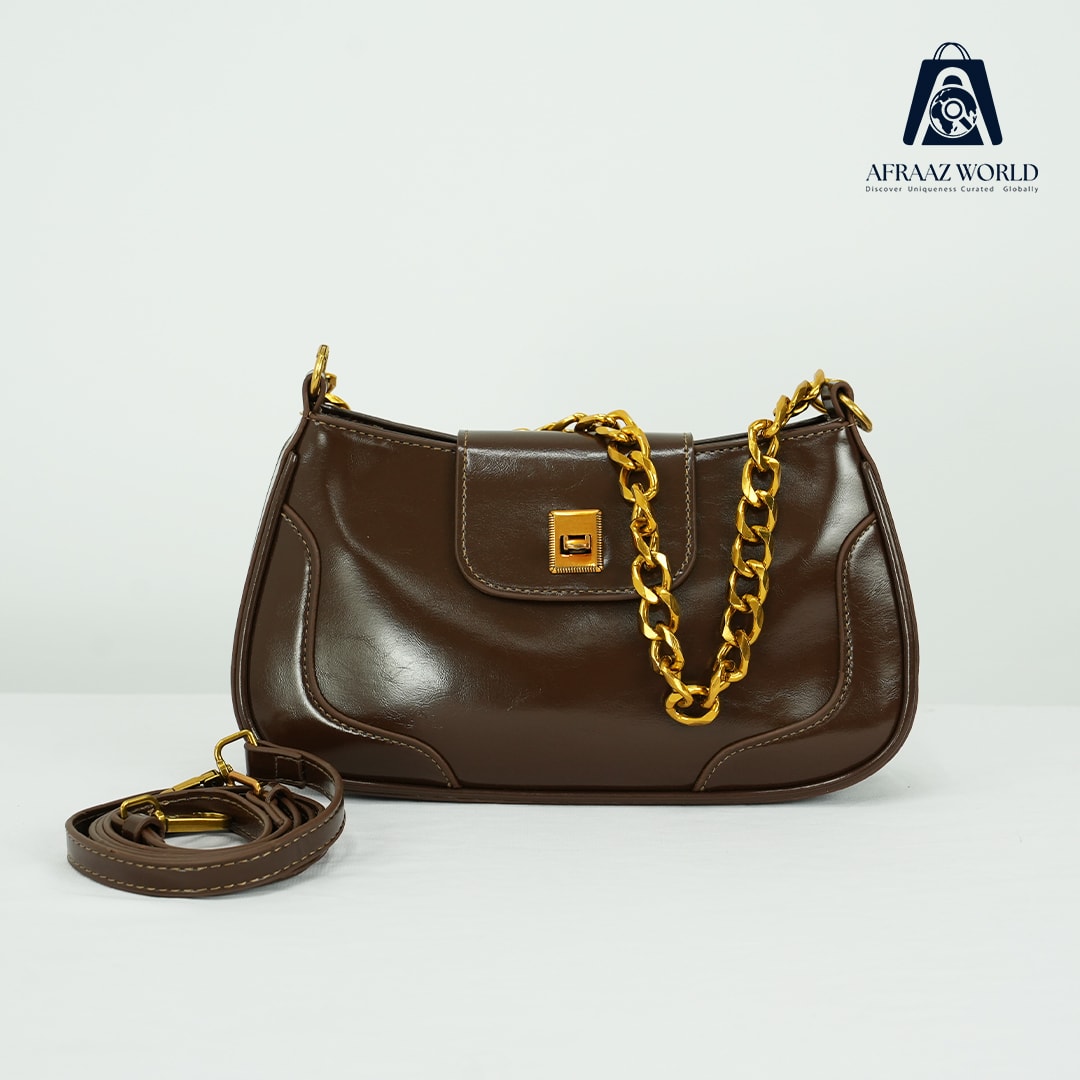 Luxury Chocolate Brown Shoulder Bag for Women | Gold Chain Leather Purse by Afraaz World