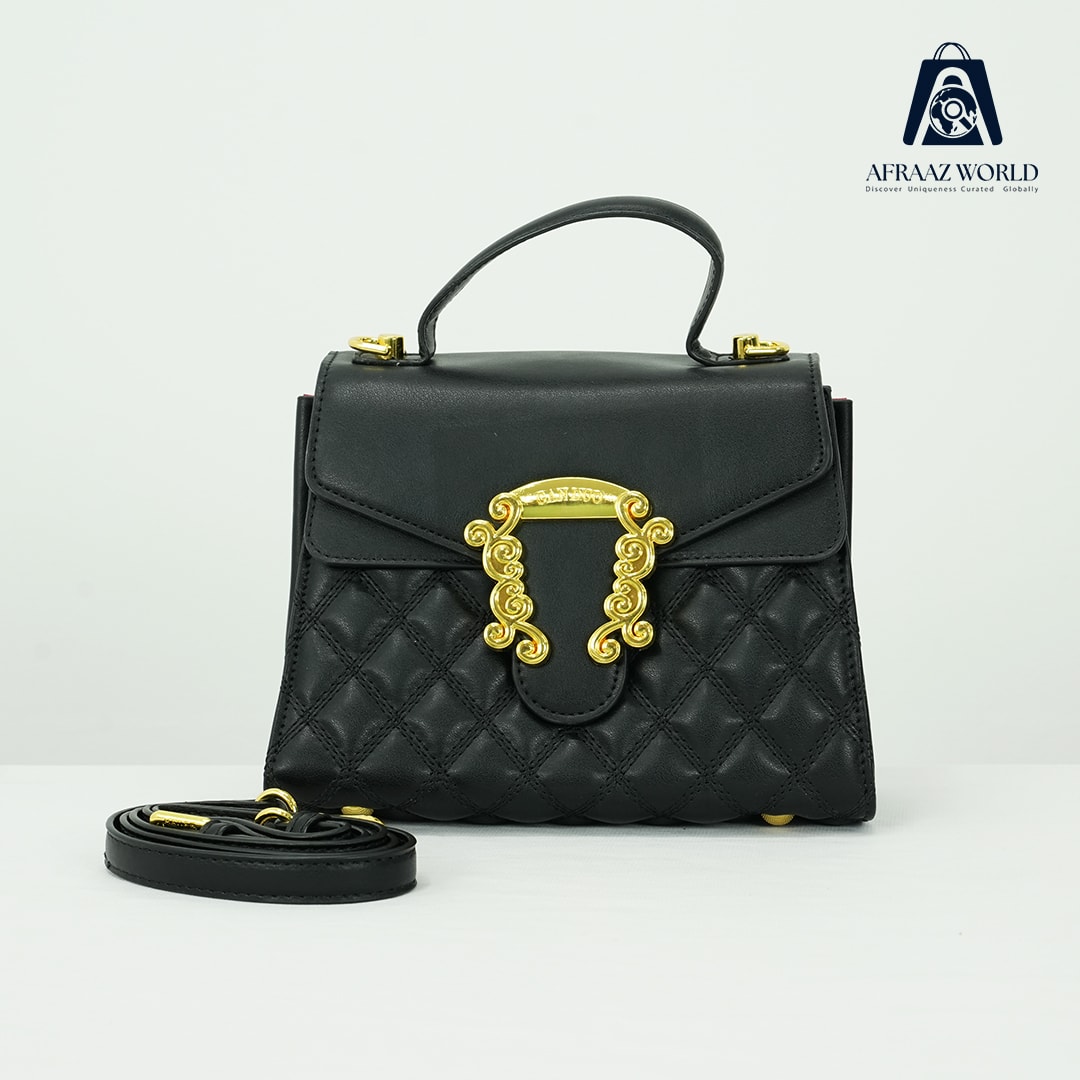 Elegant Black Quilted Leather Handbag for Women | Luxury Gold Buckle Purse by Afraaz World