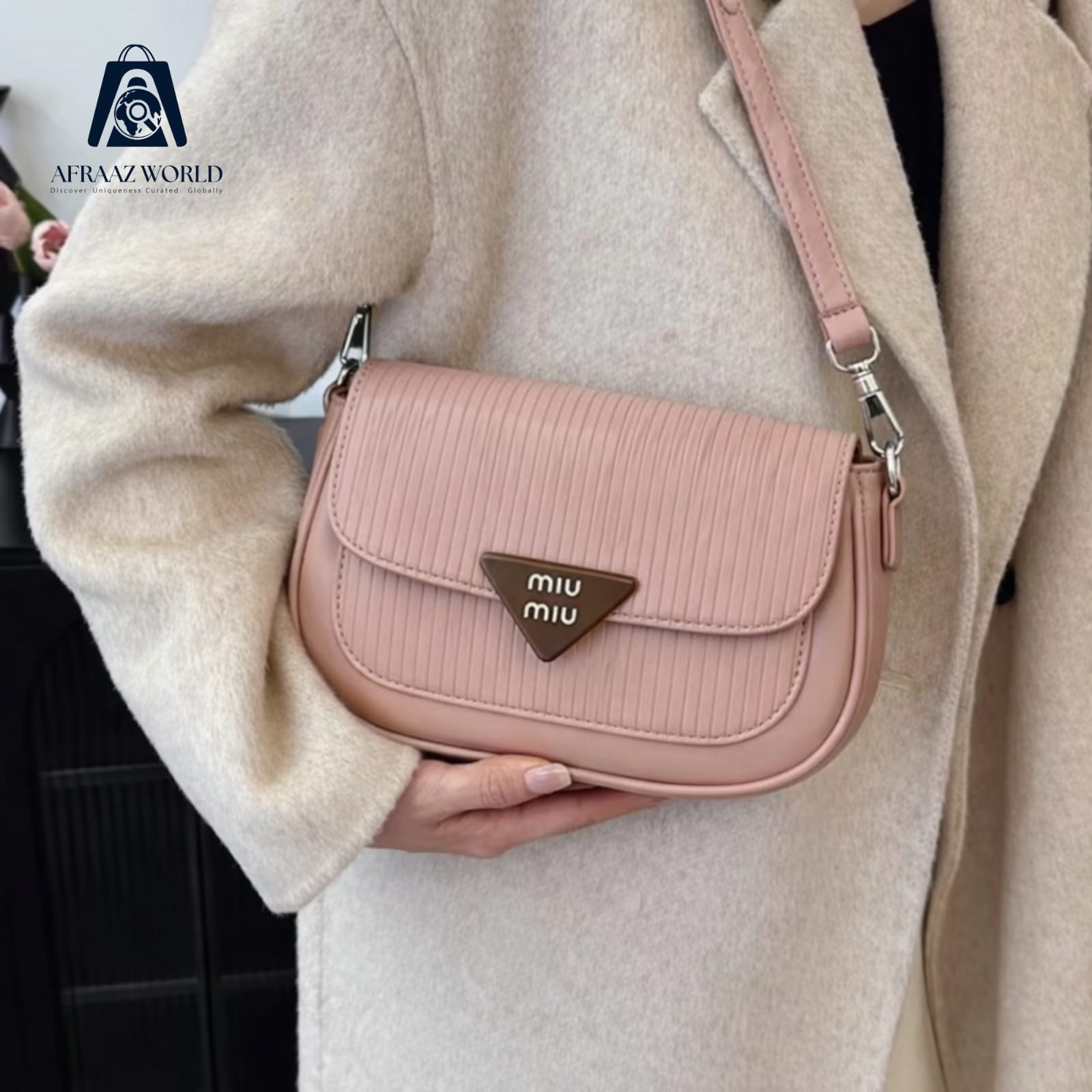 Elegant MIU MIU  Pink Textured Crossbody Bag with Triangle Logo
