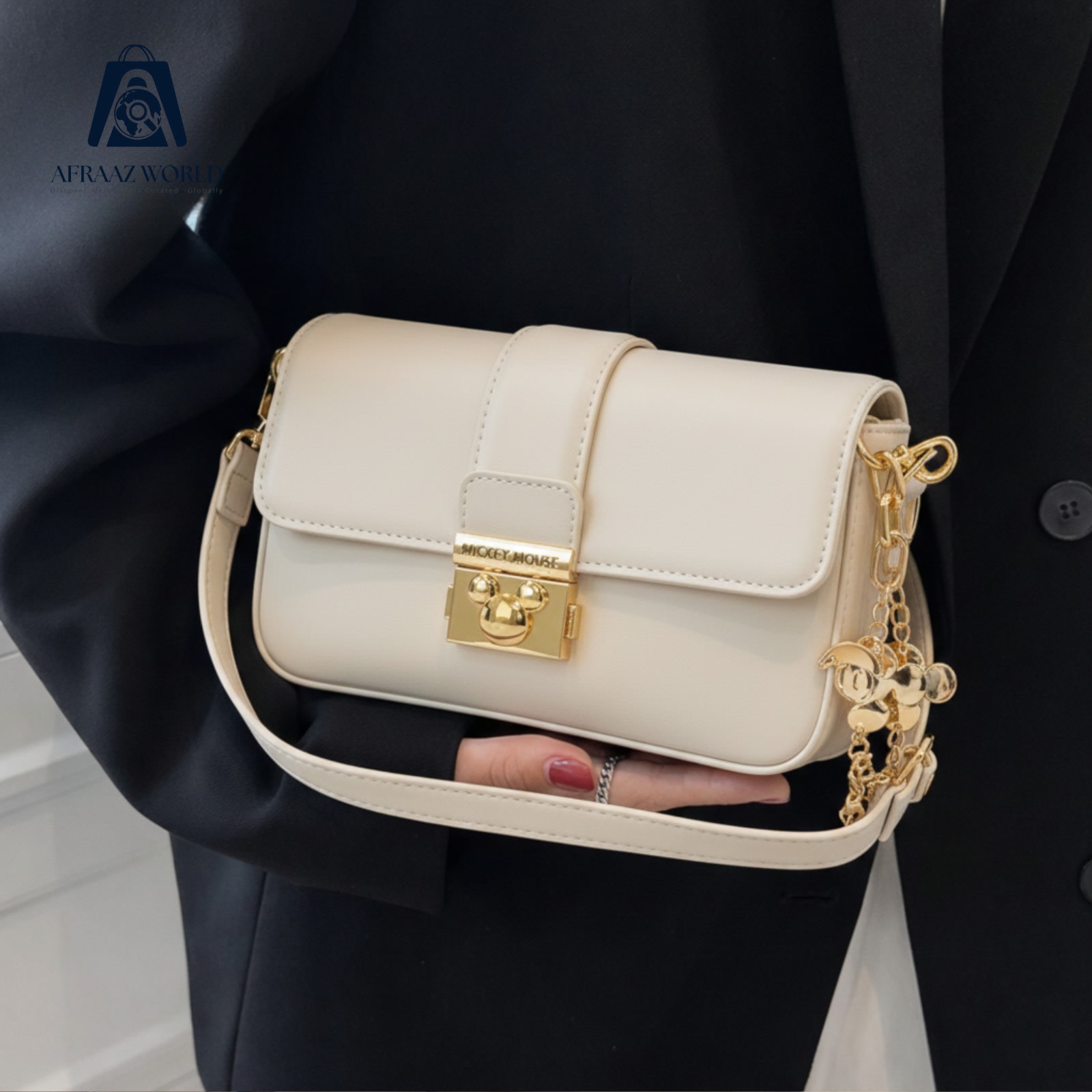 Elegant Off-White Leather Crossbody Bag with Golden Lock – Afraaz World