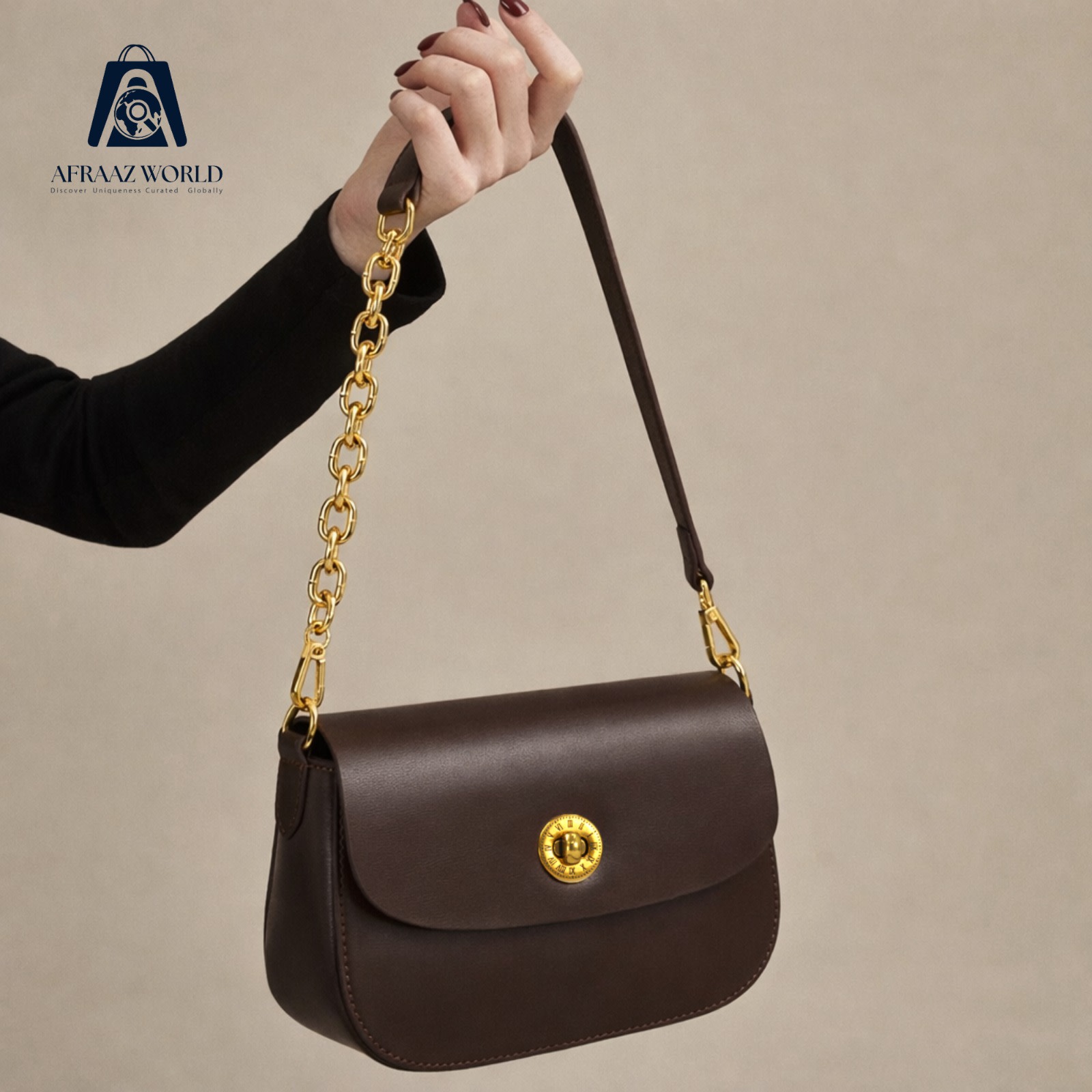 Classic Black Leather Shoulder Bag with Golden Chain – Afraaz World