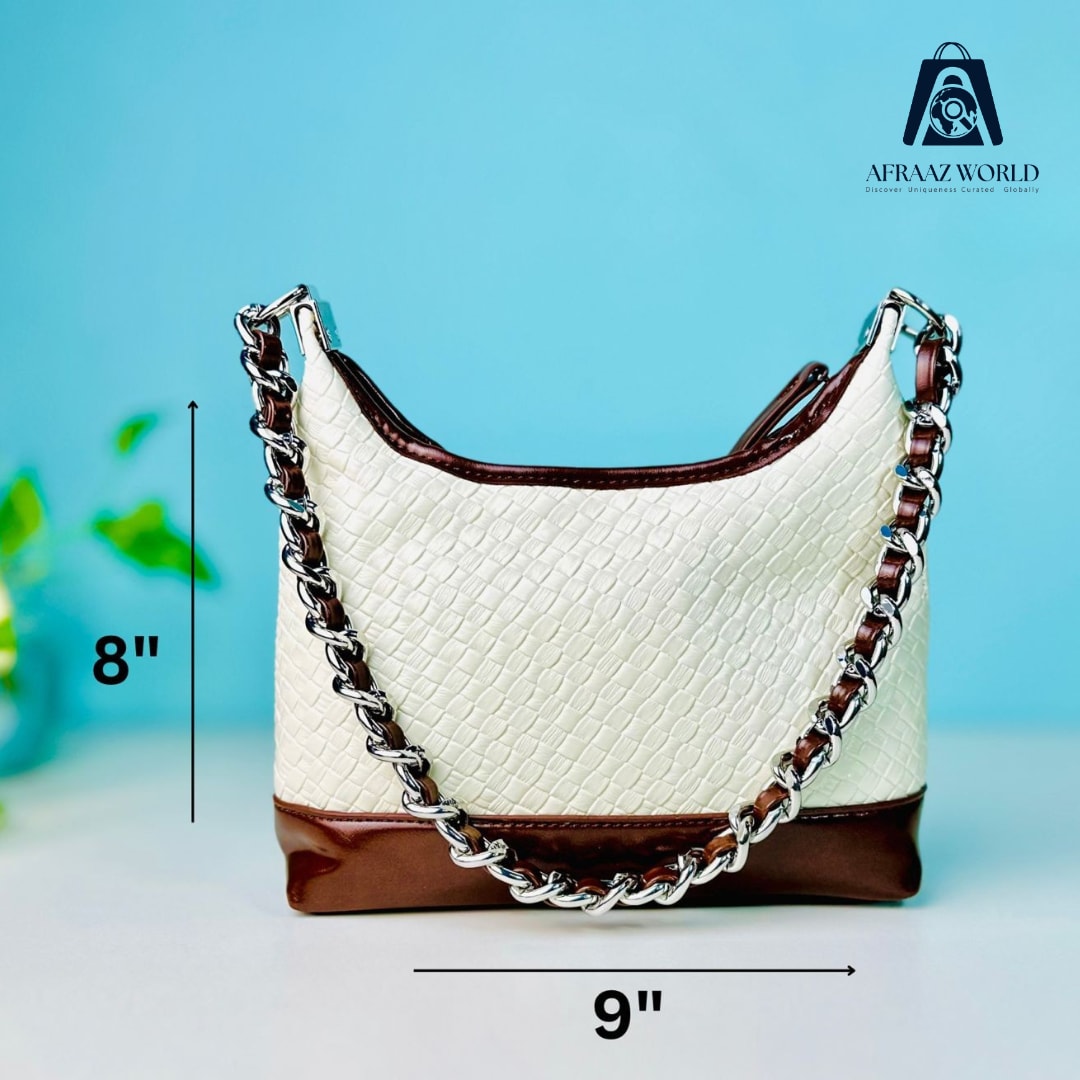 White & Brown Woven Leather Shoulder Bag with Silver Chain – Afraaz World