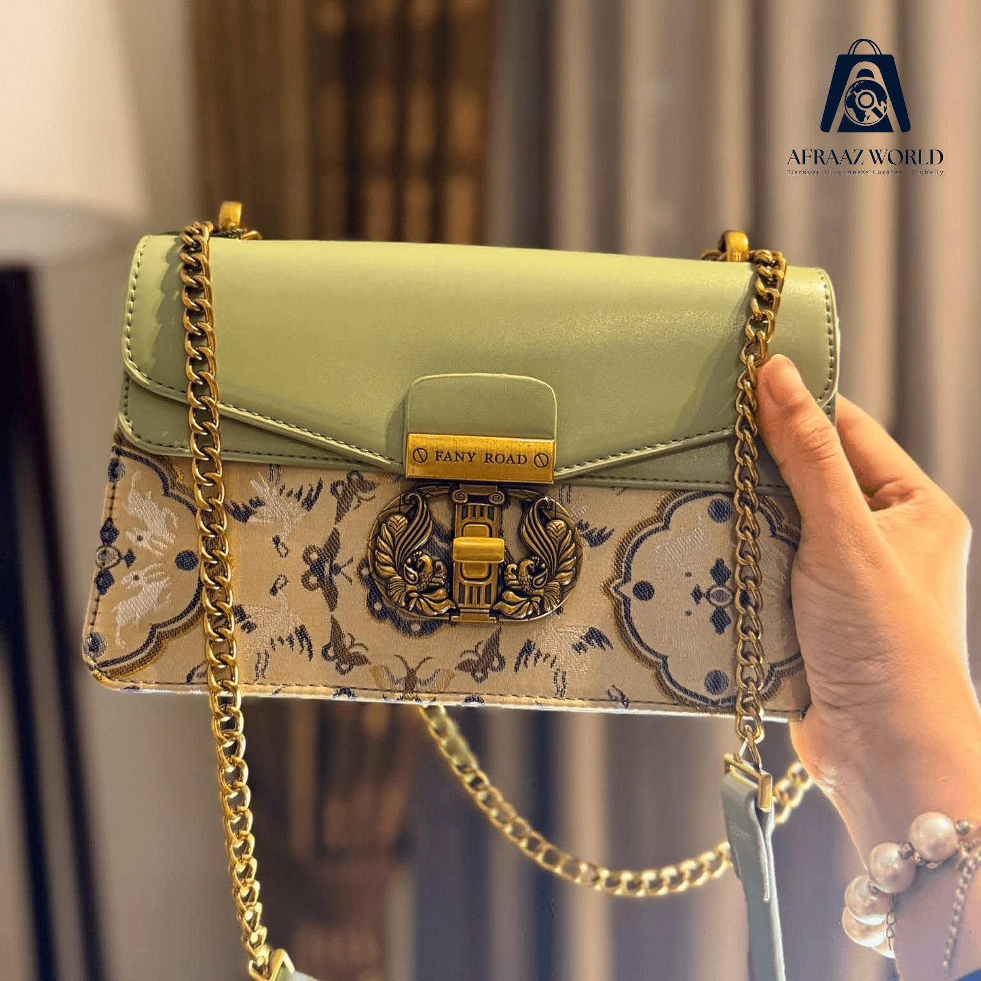 High Quality Pastel Green Handbag with Printed Design & Golden Lock – Afraaz World