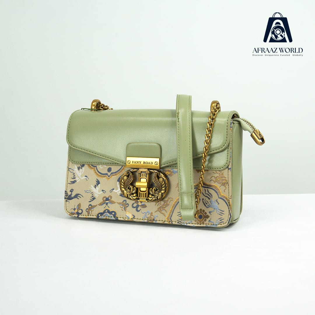 High Quality Pastel Green Handbag with Printed Design & Golden Lock – Afraaz World