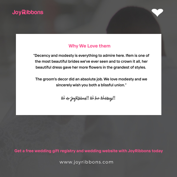 JoyRibbons is top gift registry site in Nigeria. Couples getting married in Nigeria today can receive gift on their wishlist, see RSVP and share their wedding information with their loved ones using JoyRibbons. We are the 
              company that will do everything and anything for love