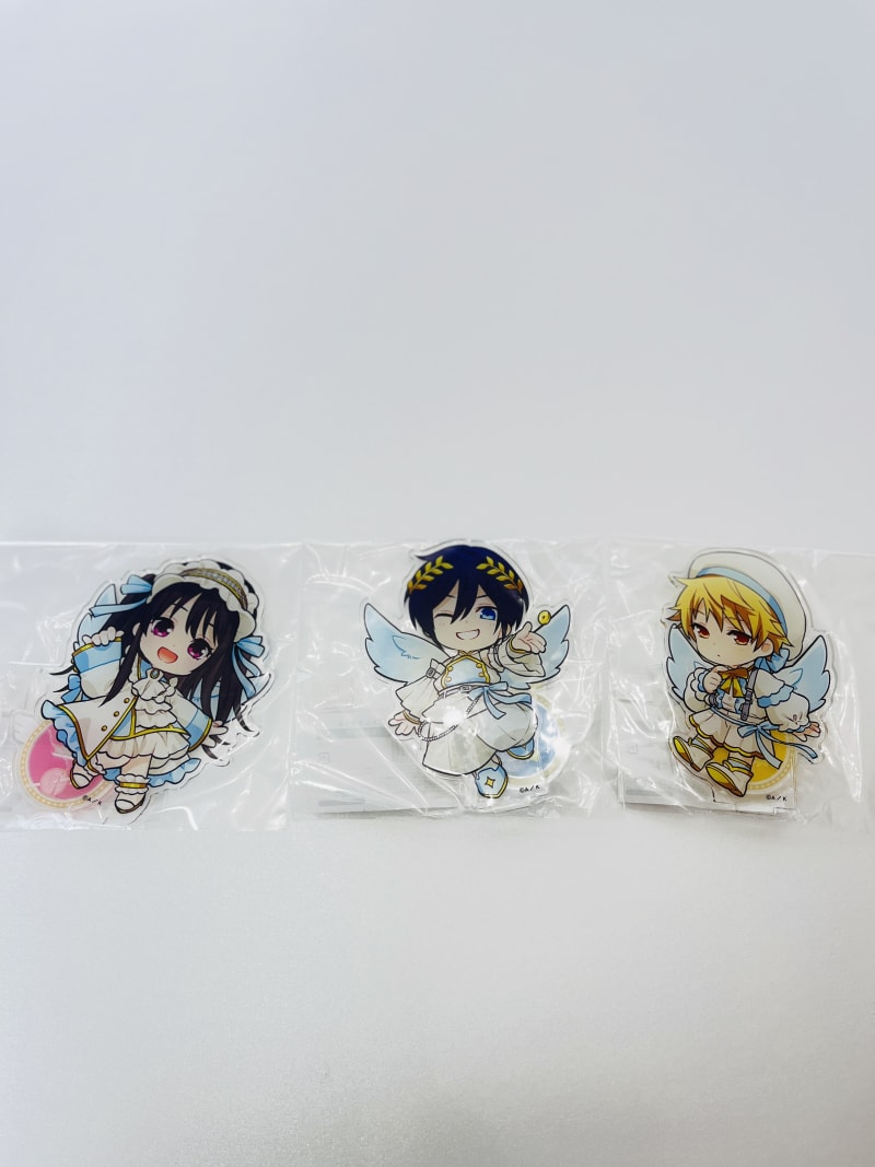 Three Noragami Angel and Demon acrylic stands from the maru-kuji lottery