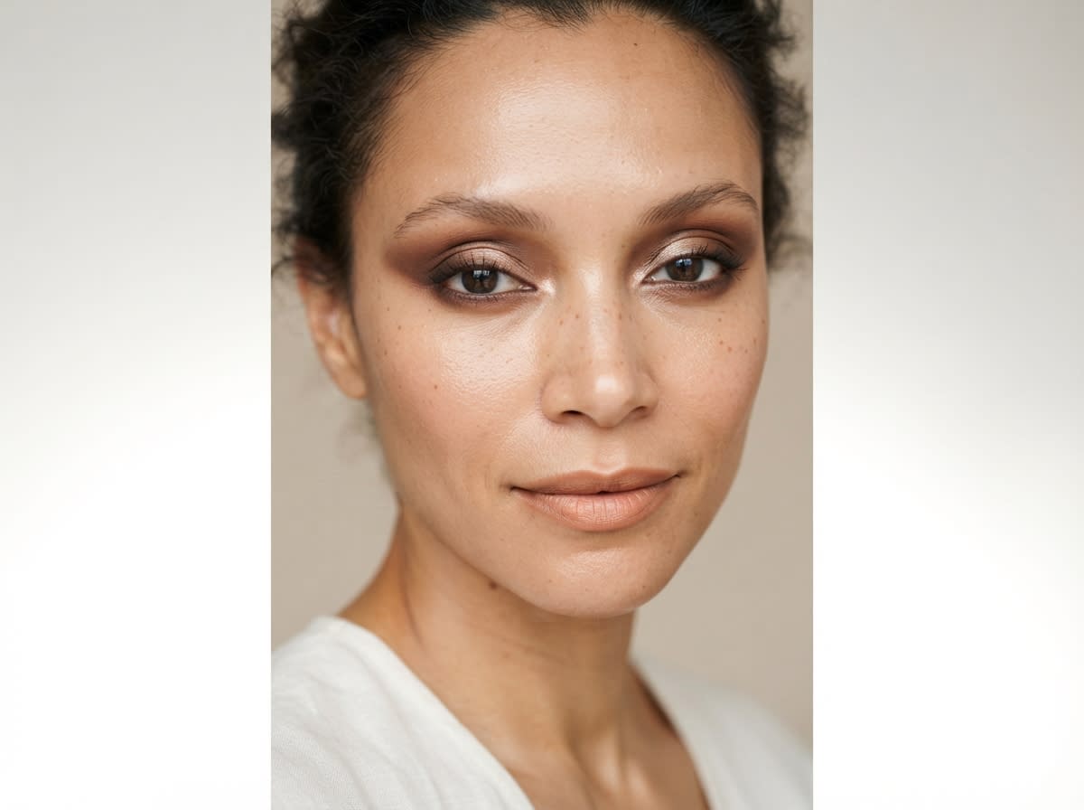 Neutral eyeshadow placed above the natural crease on a hooded eye, viewed with the eye open