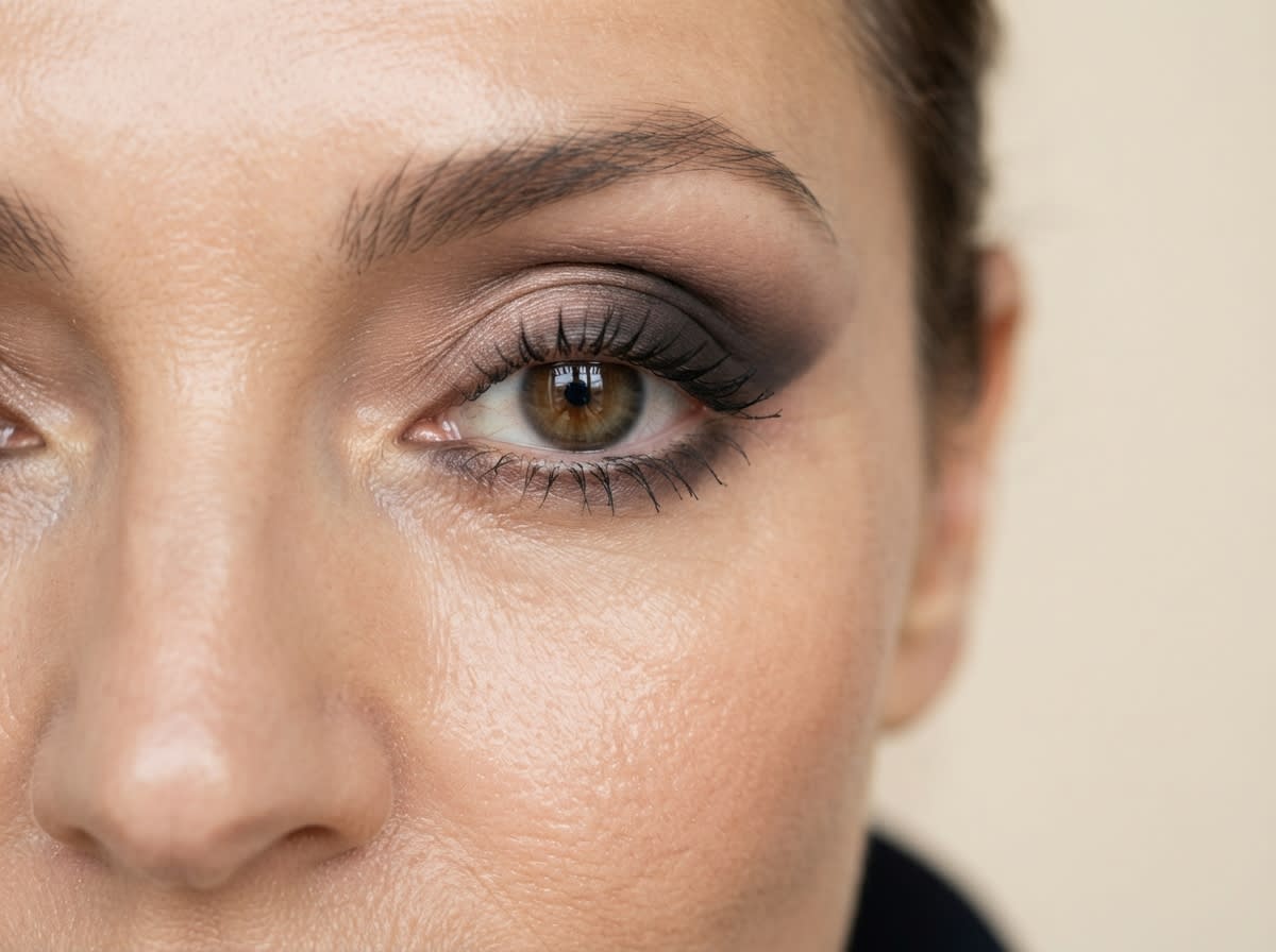 Hands applying neutral eyeshadow with a small brush to a hooded eye during a step-by-step makeup application