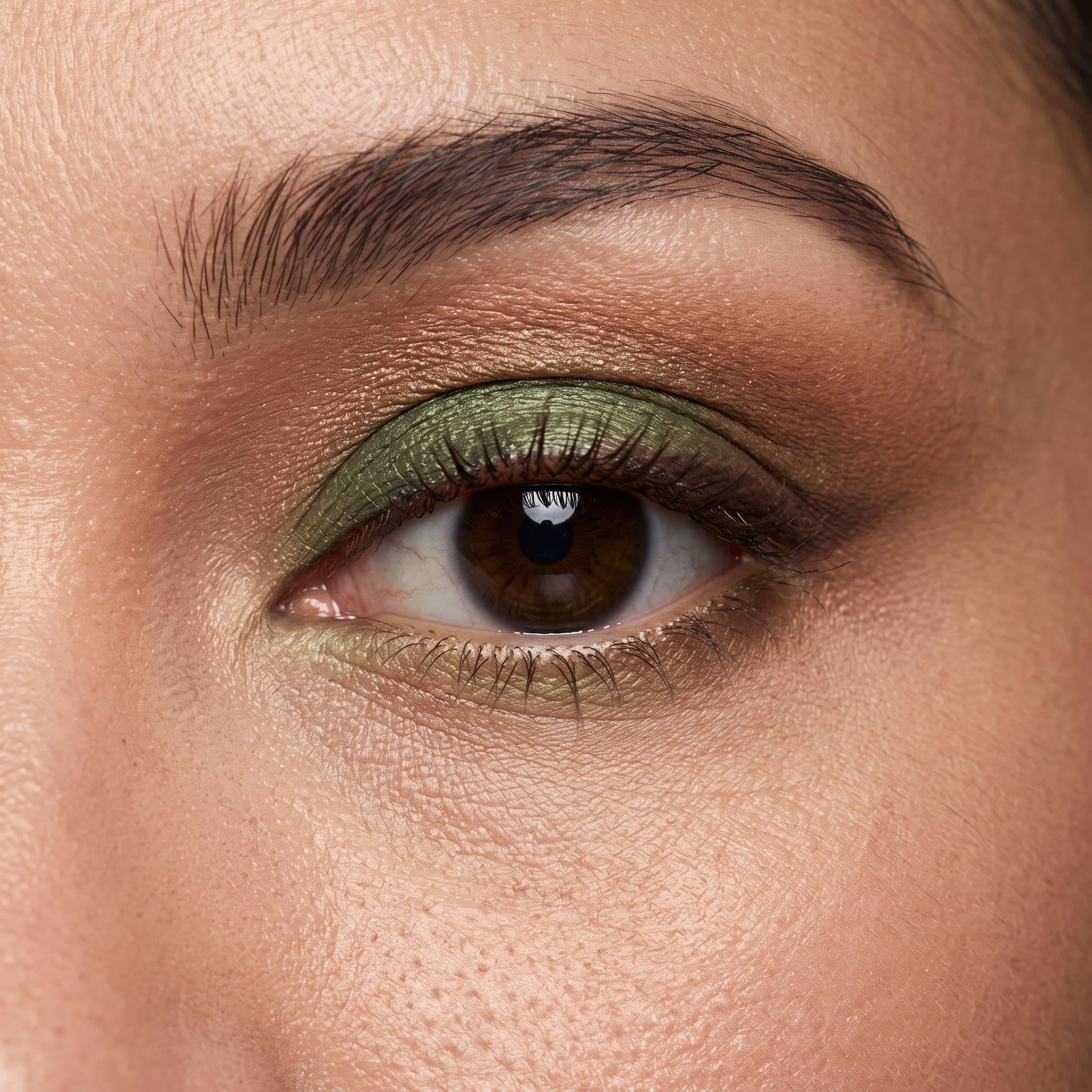 Mossy green eyeshadow blended with bronze