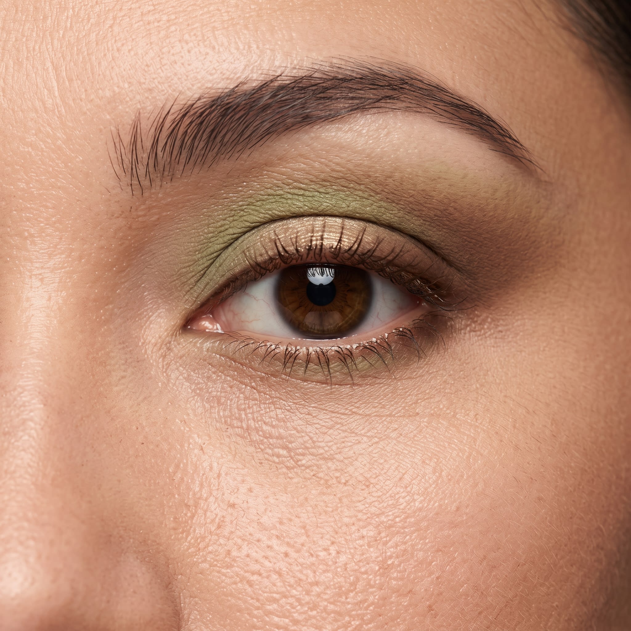 Olive green eyeshadow placed above the crease on a hooded eye