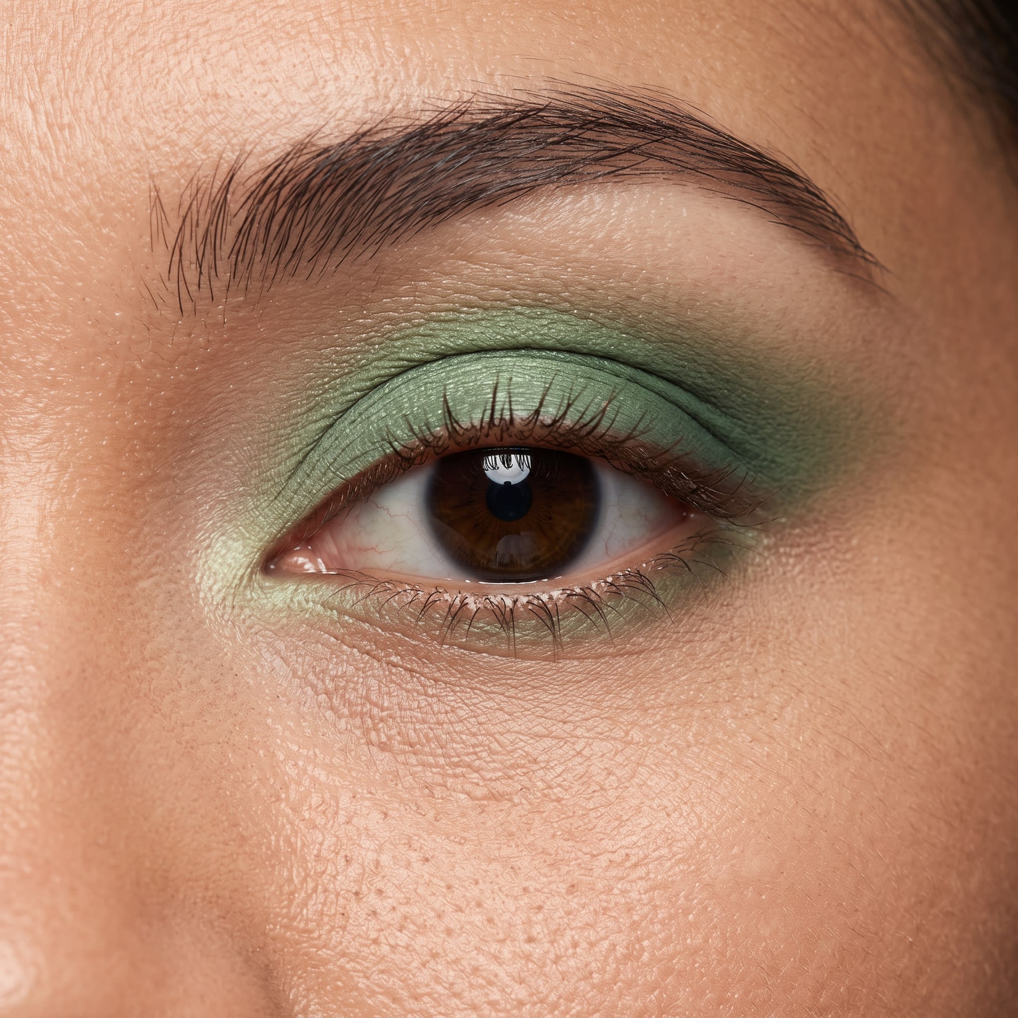 Green eyeshadow with a softly blended outer corner