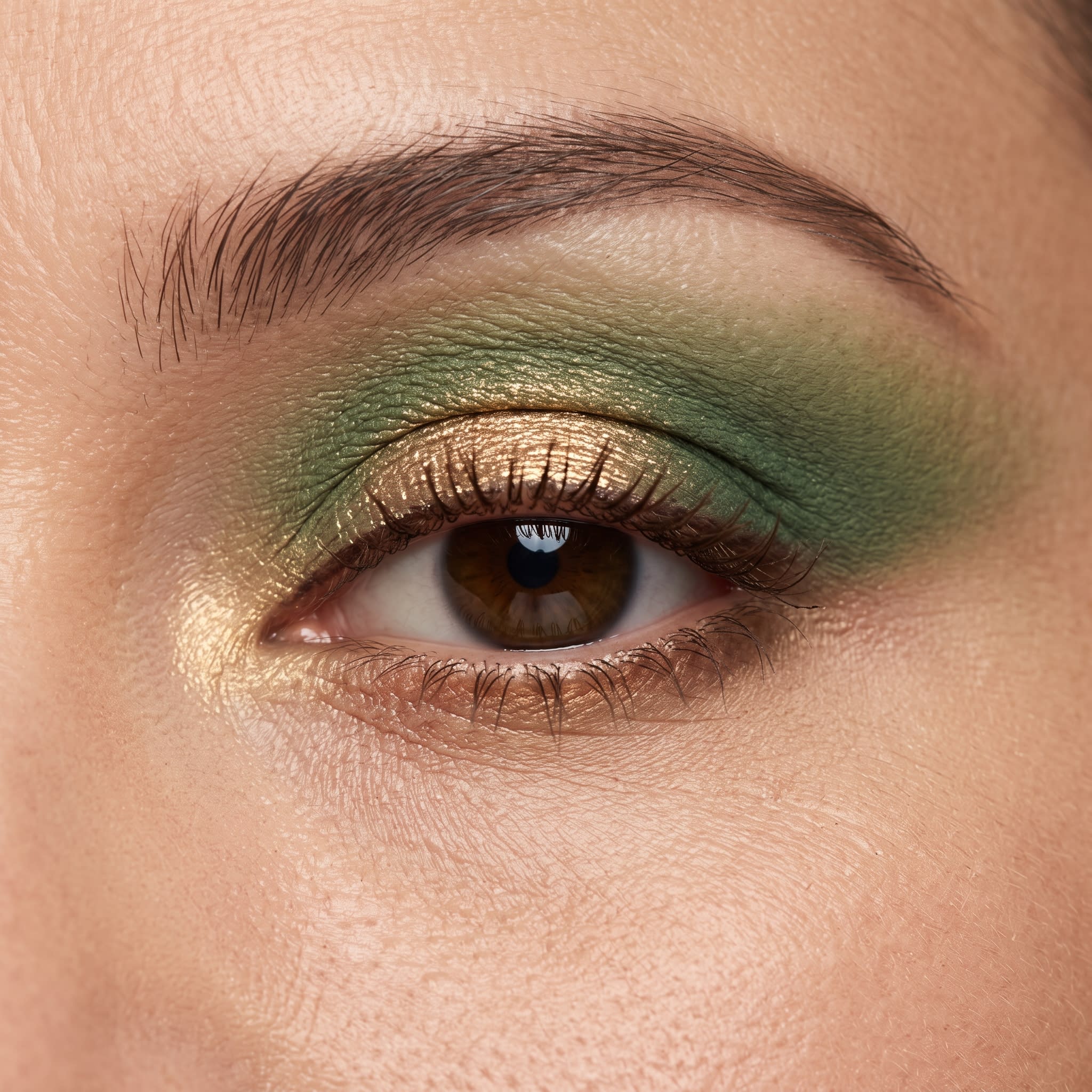 Olive and emerald green eyeshadow with gold shimmer