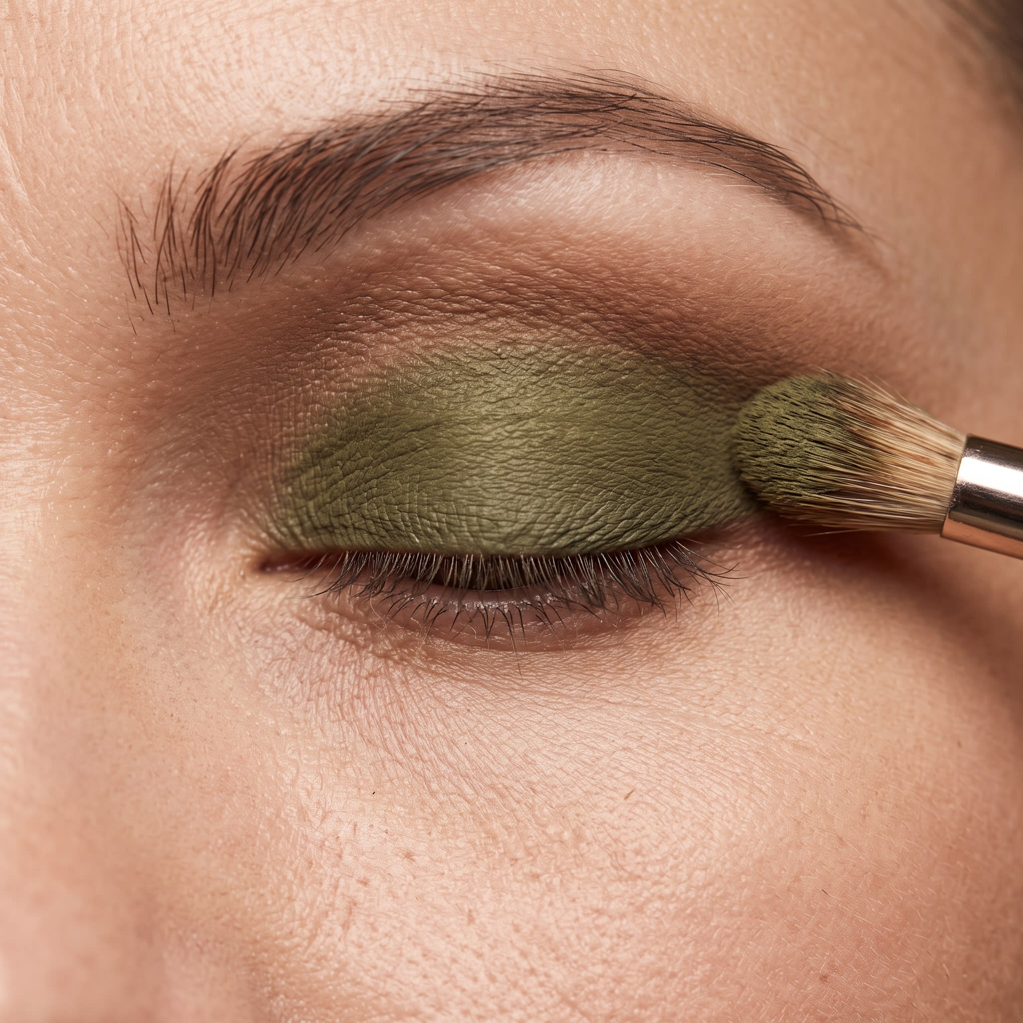 Closed eyelid with olive green eyeshadow and a blended brown transition