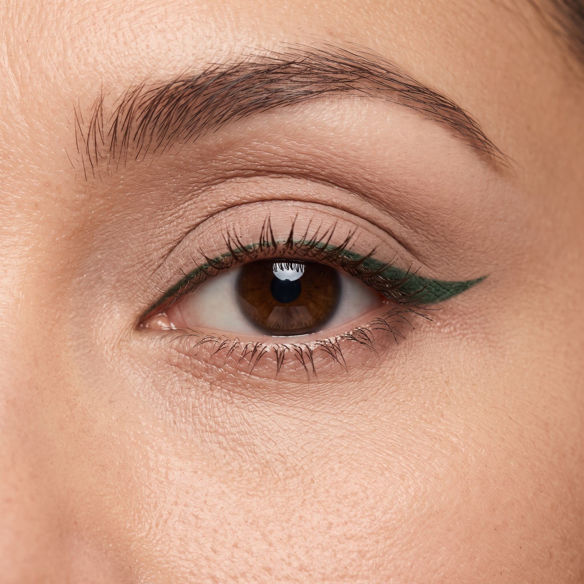 Thin deep green winged eyeliner on a neutral lid