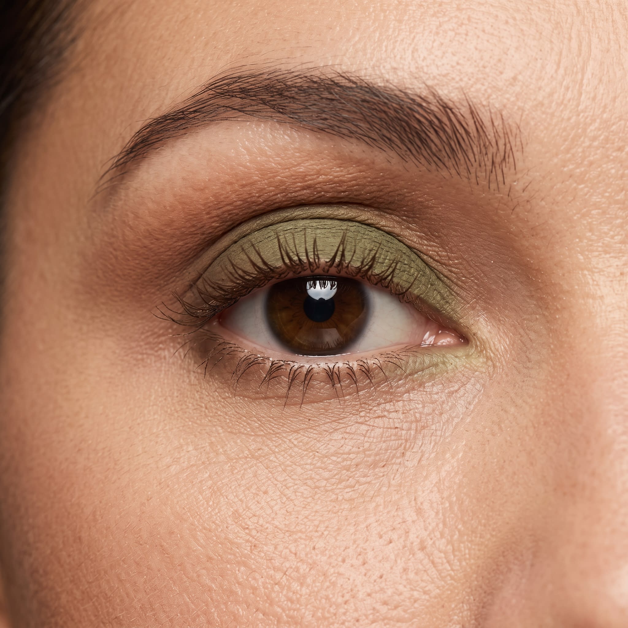 Matte olive green eyeshadow with a warm brown outer corner