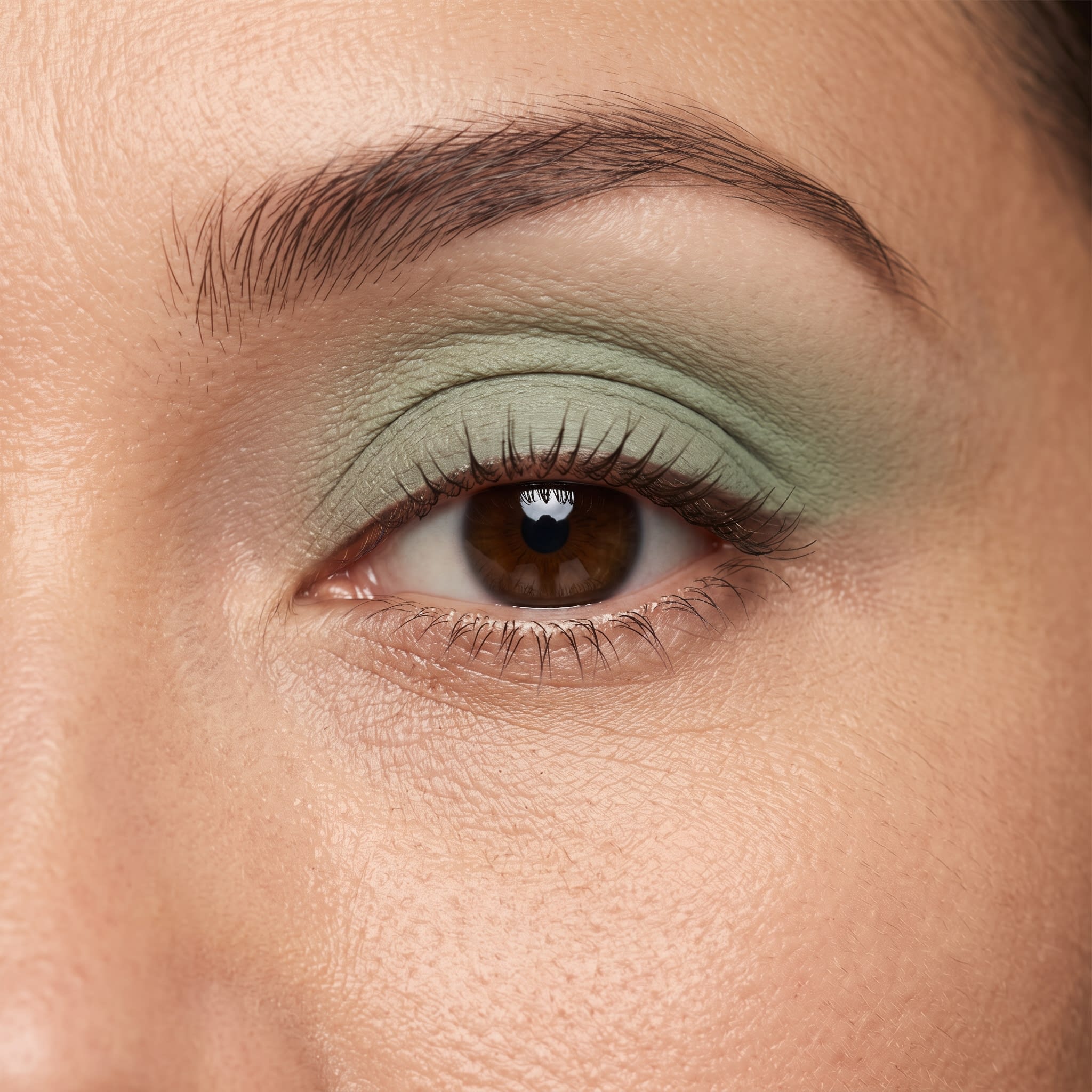 Soft sage green eyeshadow blended across the eyelid