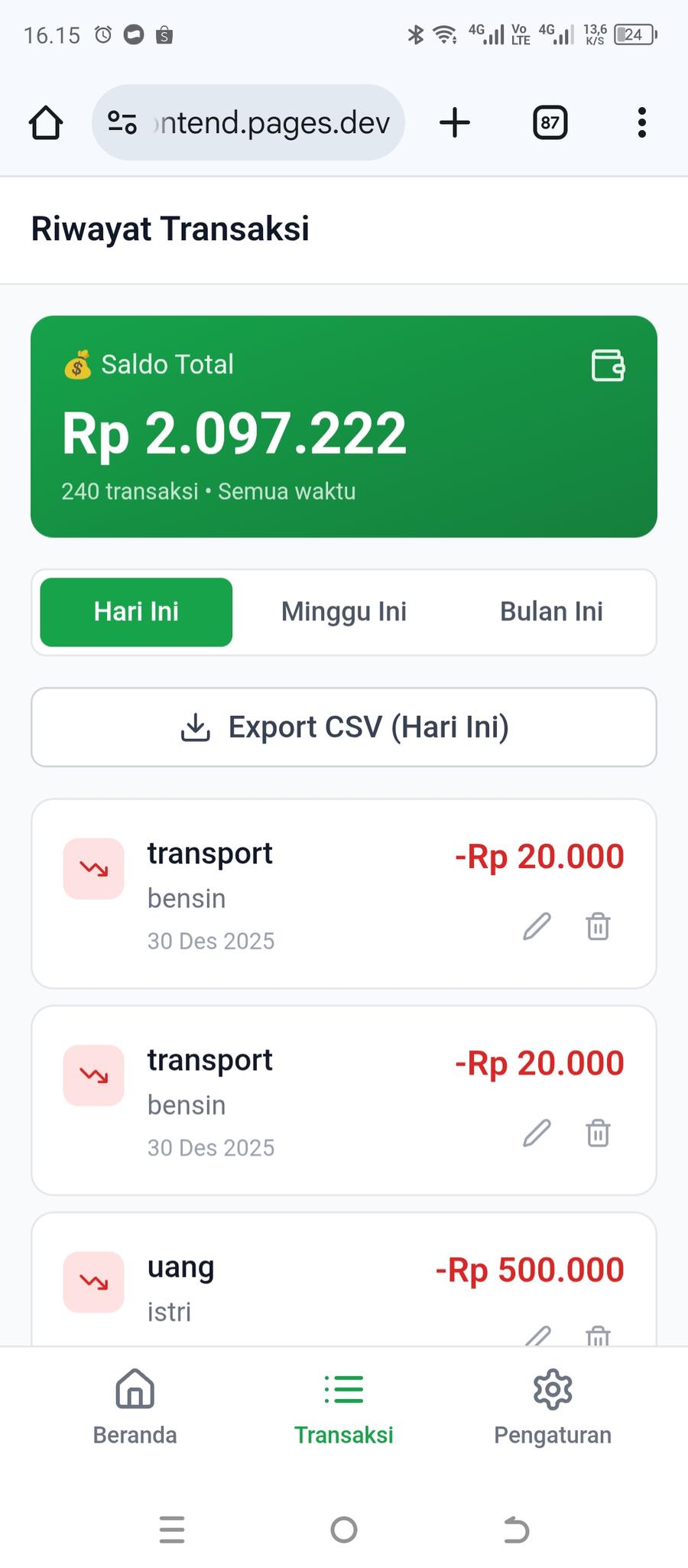 Laporan keuangan di dashboard web