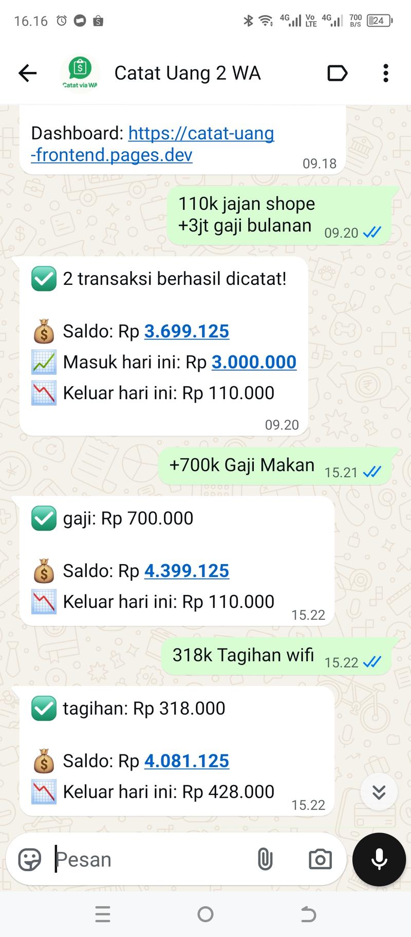 Contoh chat pencatatan uang di WhatsApp
