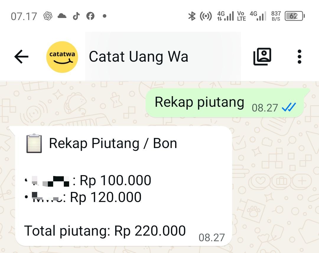 Fitur catat utang piutang via WhatsApp