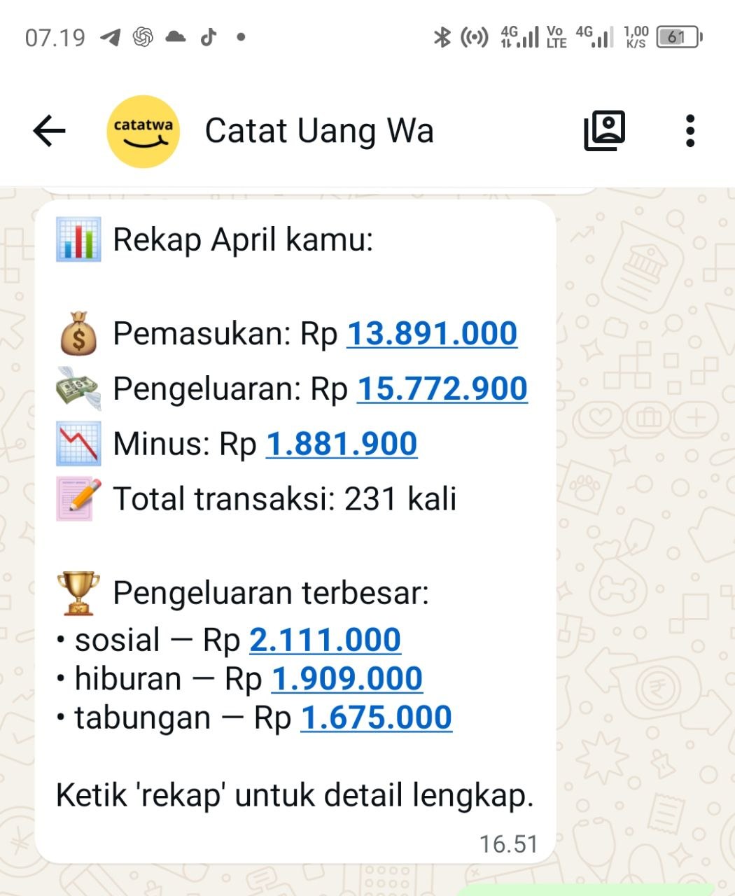 Notifikasi ringkasan saldo dan pengeluaran awal bulan via WhatsApp