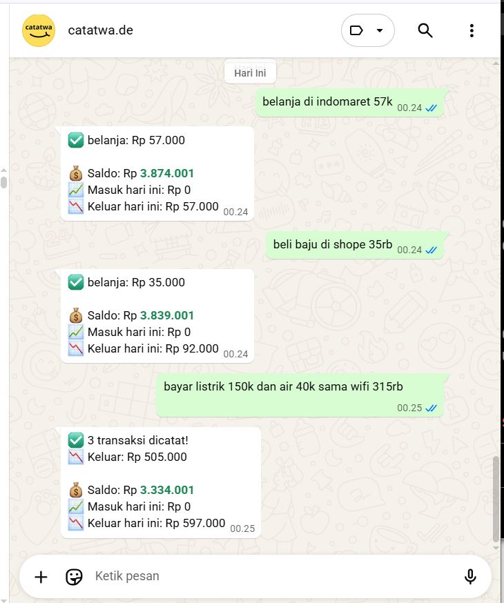 Catat Uang WA — catat pengeluaran dan pemasukan pakai AI langsung dari WhatsApp
