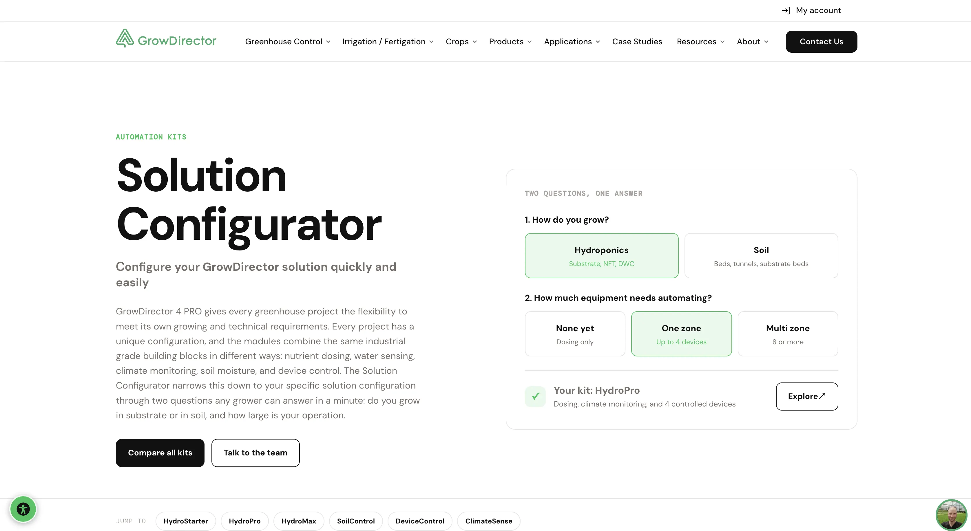 Interactive GrowDirector solution configurator recommending an automation kit based on grower requirements