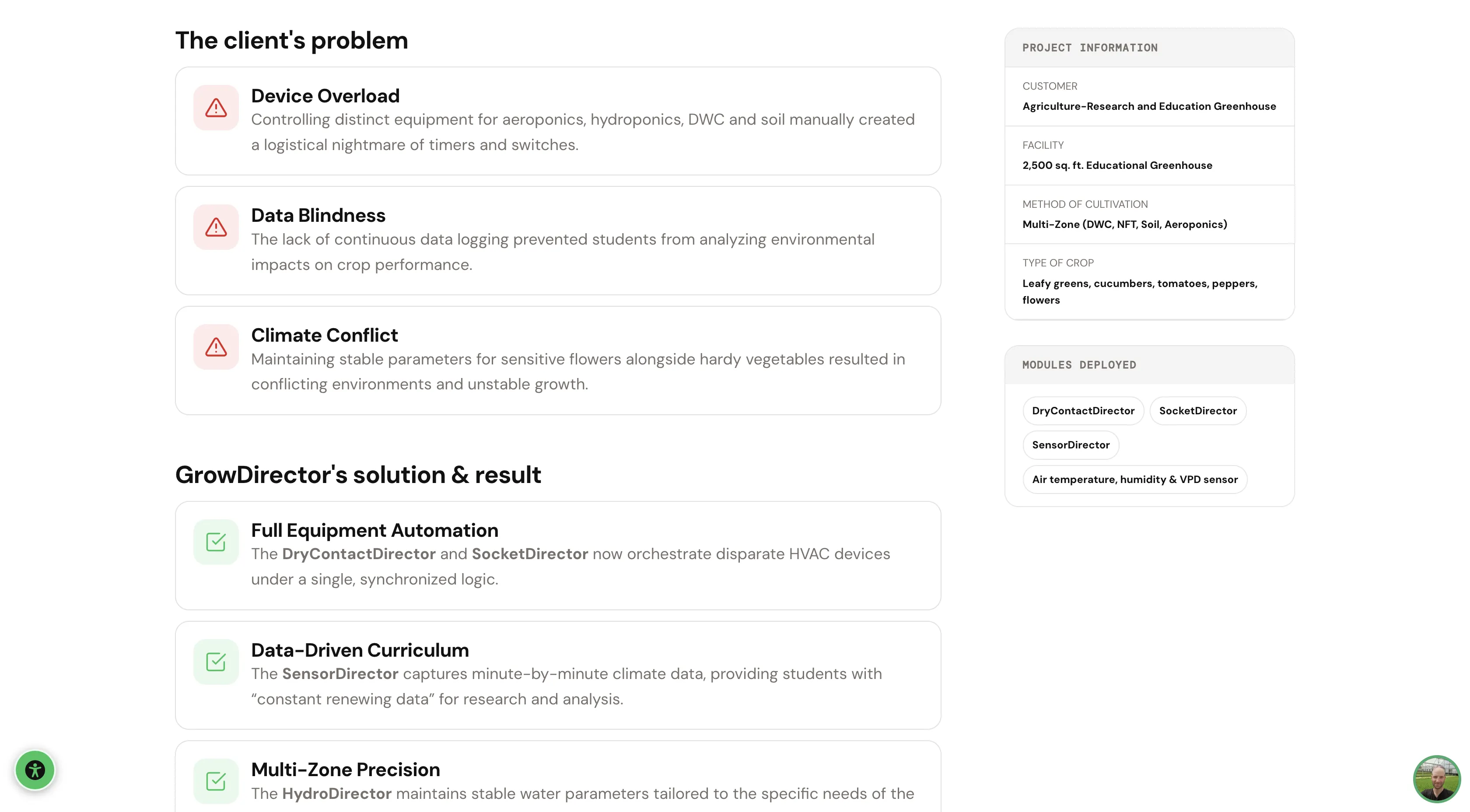 GrowDirector case study showing client challenges, solutions, project information, and deployed modules