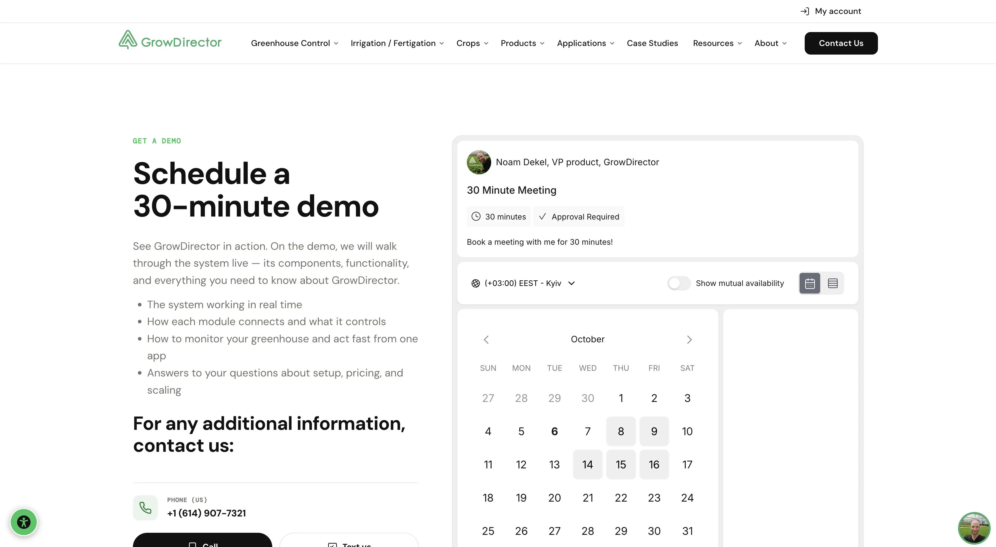 GrowDirector demo scheduling page with an integrated meeting calendar