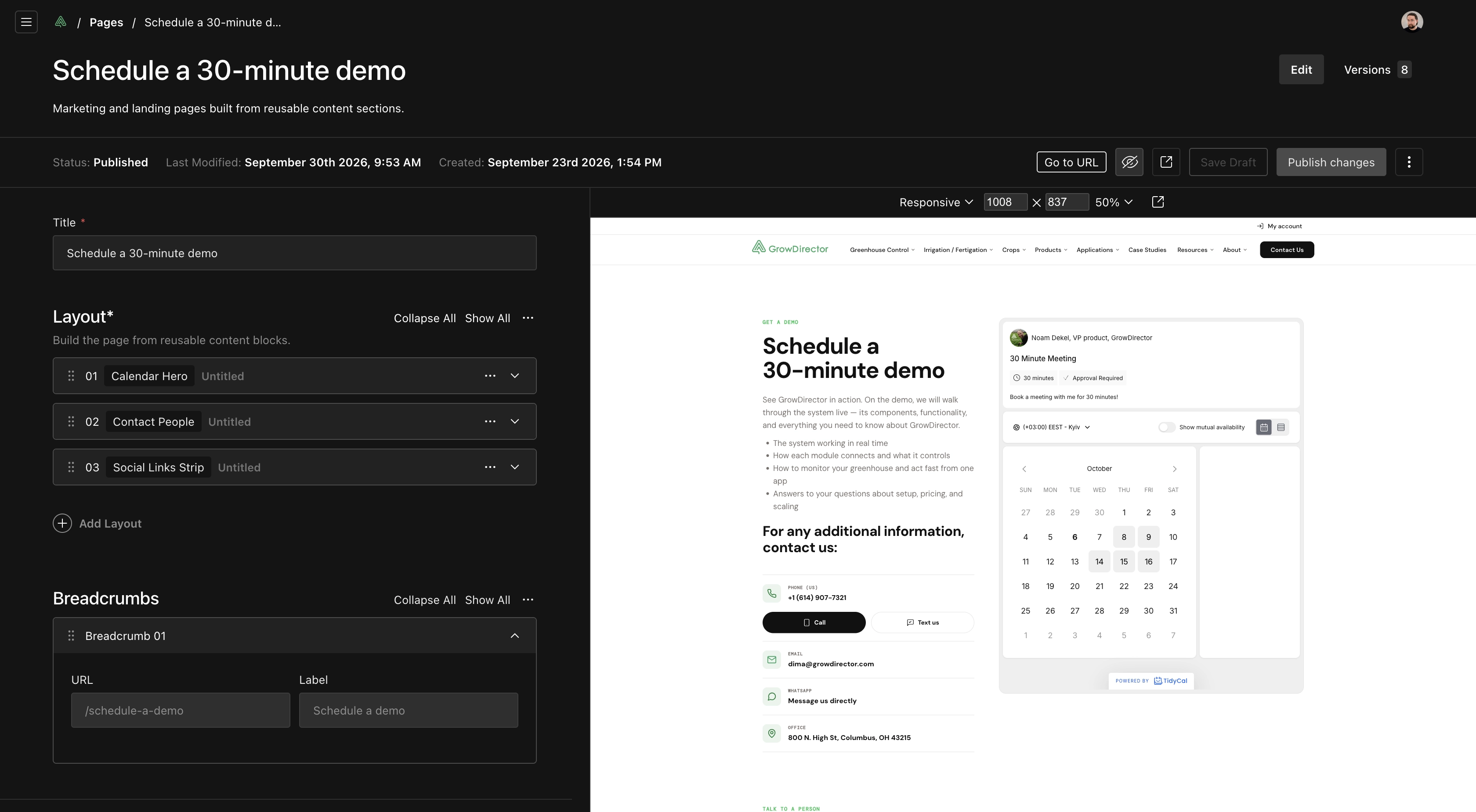 Payload CMS page editor with reusable layout blocks and responsive live preview