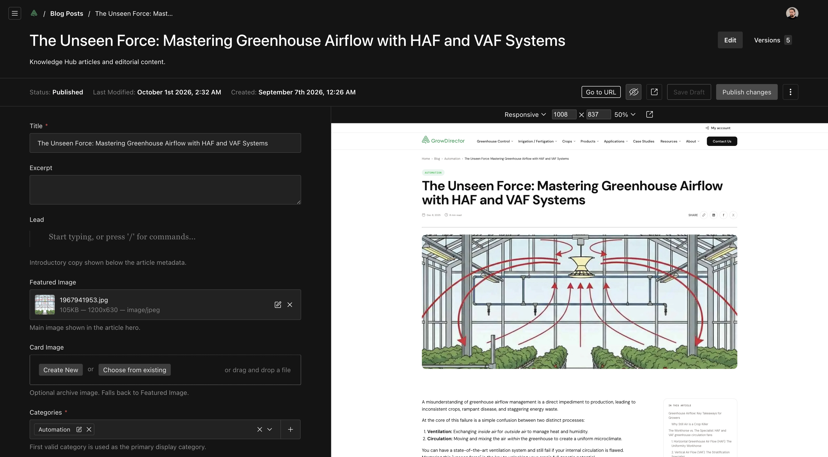 Payload CMS blog post editor with article fields and responsive live preview