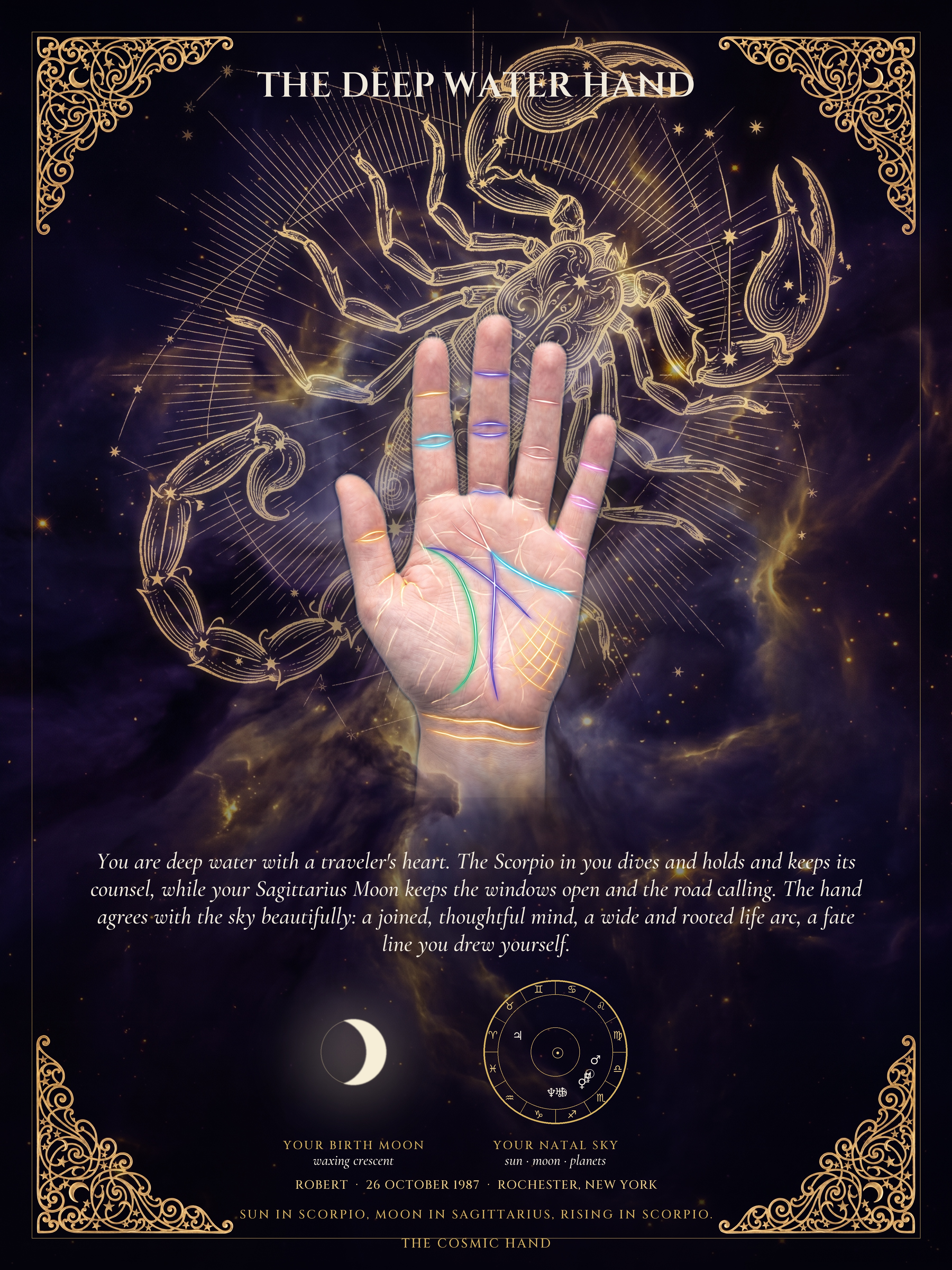 A finished Cosmic Hand celestial palm print
