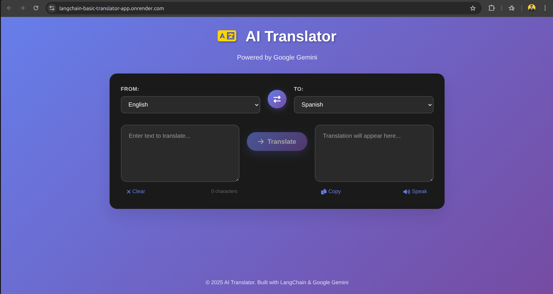 LangChain AI-Powered Translator Web Application screenshot
