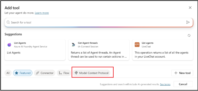 Dialog Add tool - chọn tab Model Context Protocol