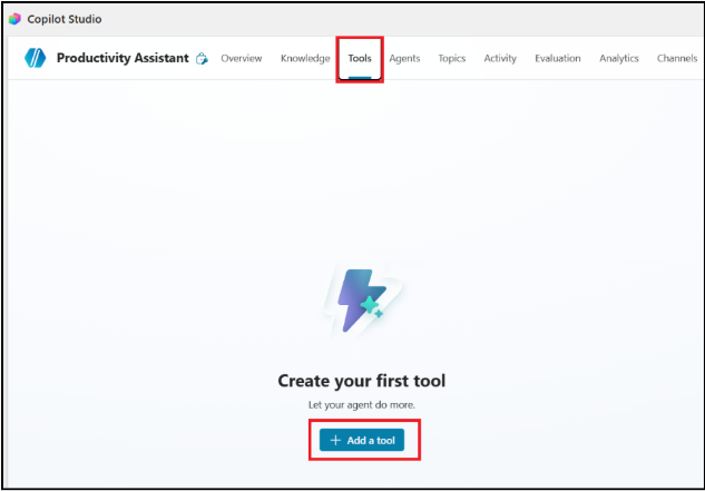 Copilot Studio - tab Tools và nút Add a tool