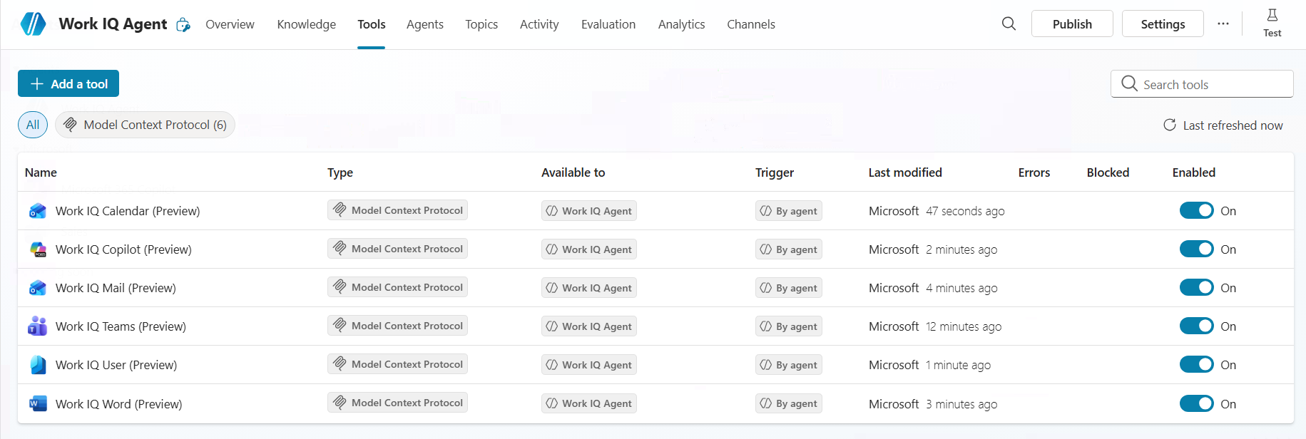 Work IQ Agent với 6 MCP tools đã được kích hoạt