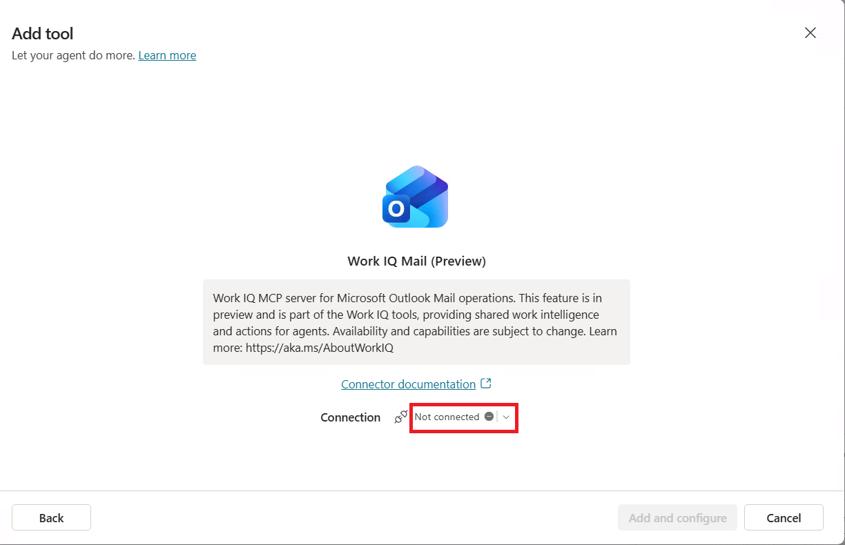 Work IQ Mail (Preview) - trạng thái Not connected