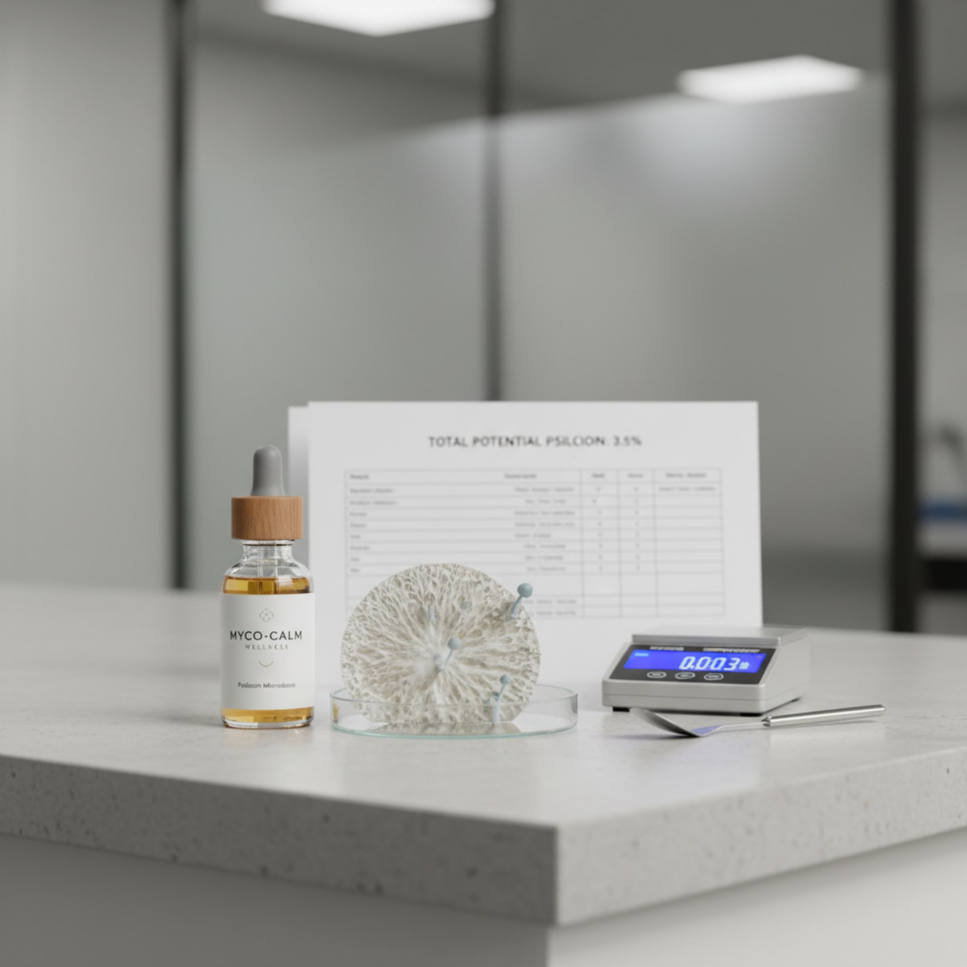Certificate of Analysis with total potential psilocin values highlighted beside molecular structure diagrams and HPLC equipment in a dark laboratory