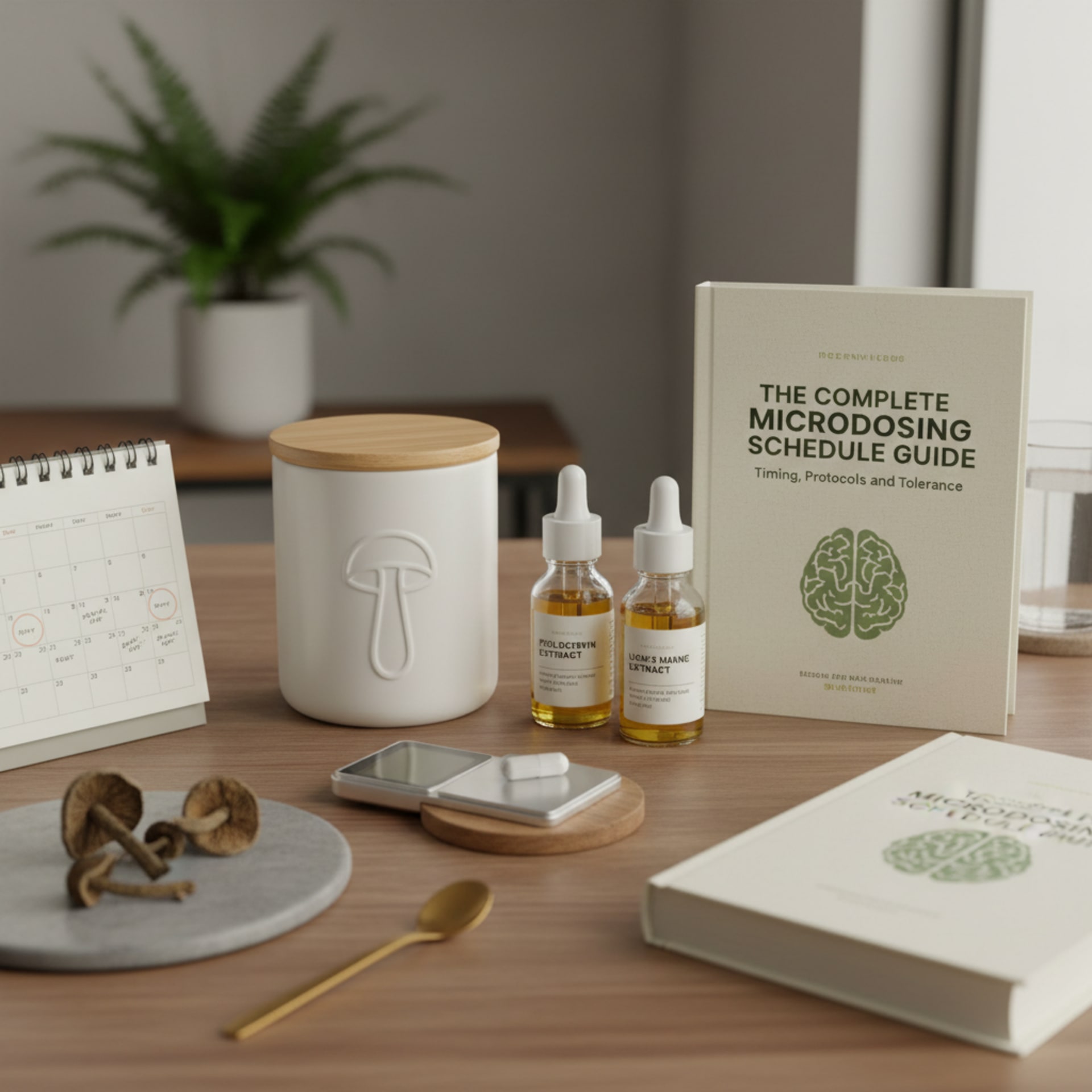 Microdose capsules filled with ground mushroom powder arranged beside a weekly pill organizer on a dark surface with purple and teal ambient glow