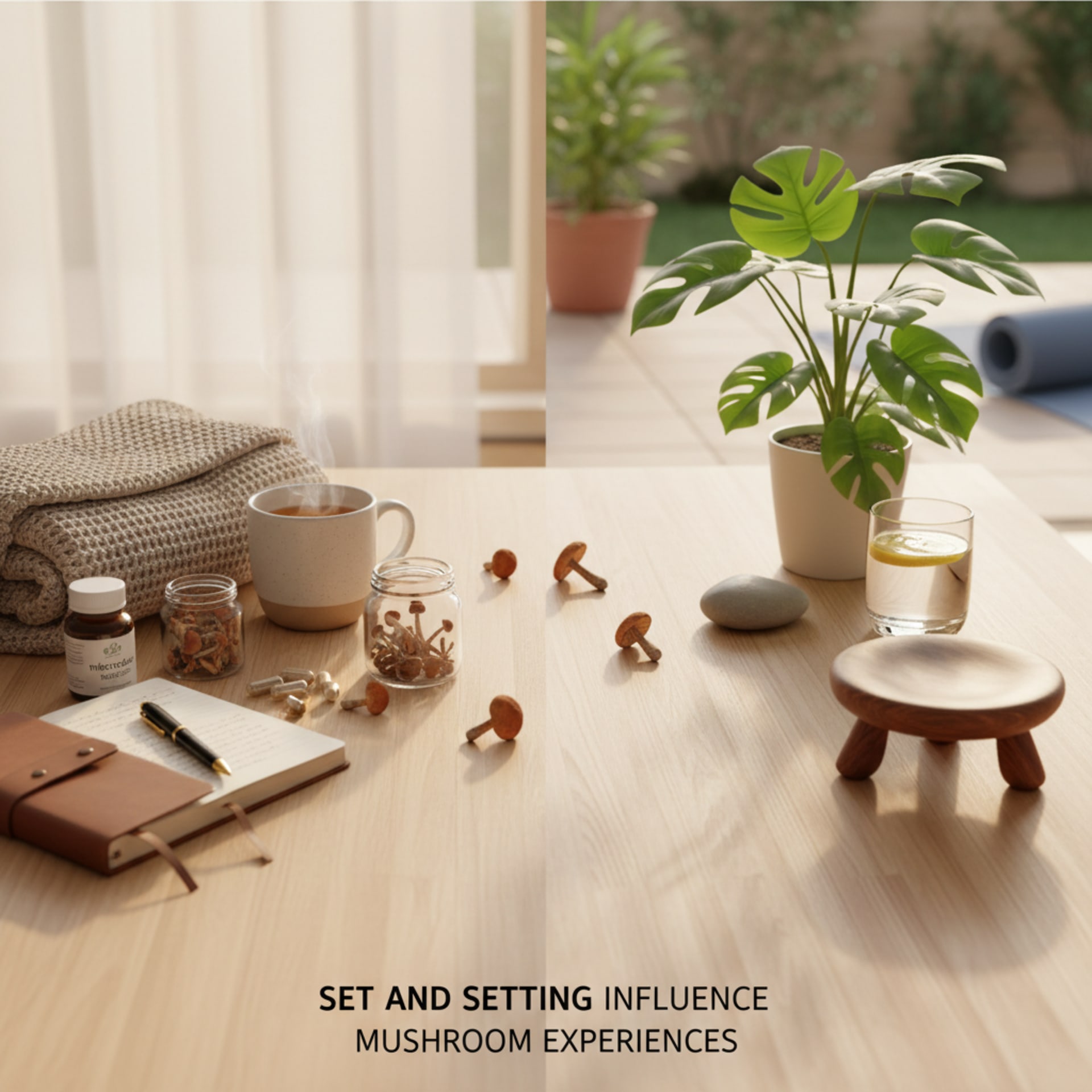 Serene meditation room with floor cushion and ambient lamp representing mindset and environment for mushroom experiences