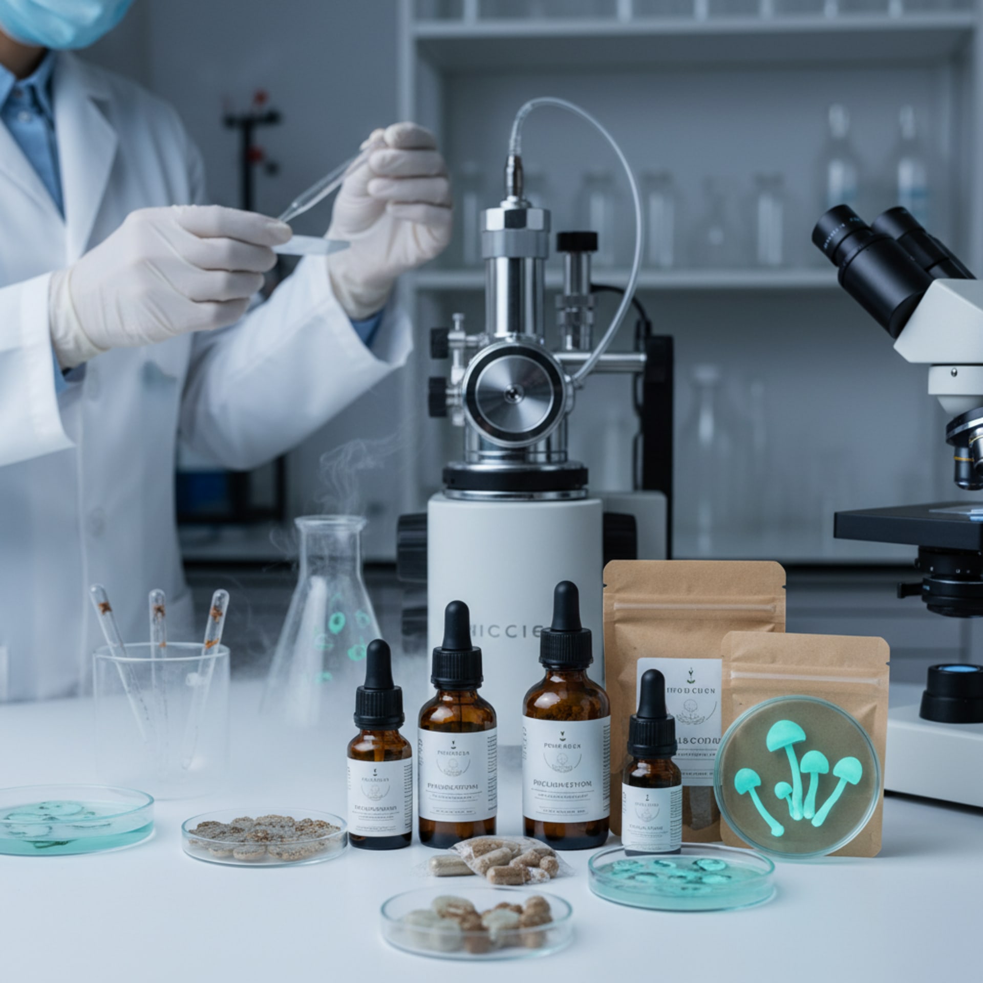 Scientific laboratory with bioluminescent mushroom specimens in glass beakers and chromatography equipment
