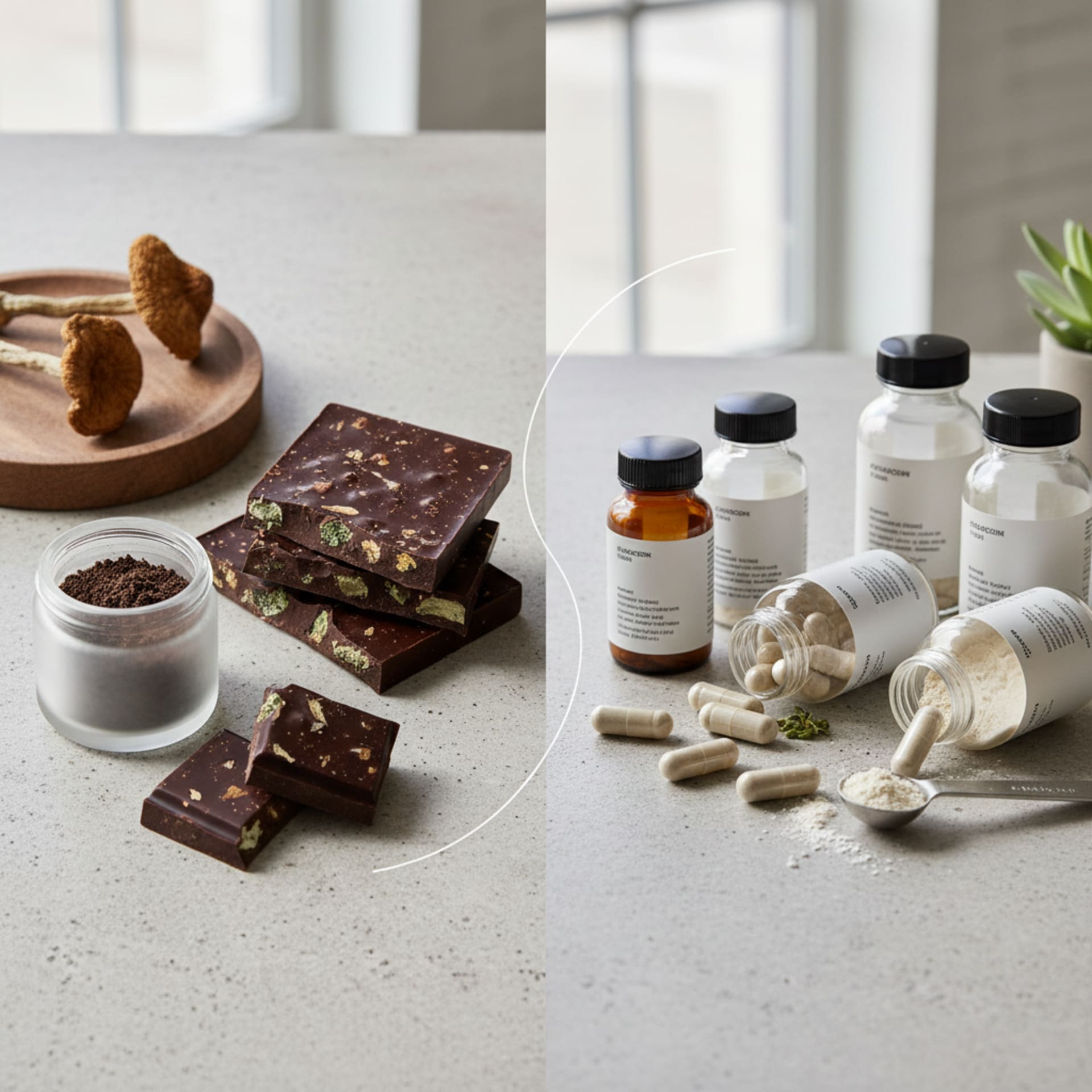 Split comparison of dark chocolate bars and translucent capsules with magical energy between them