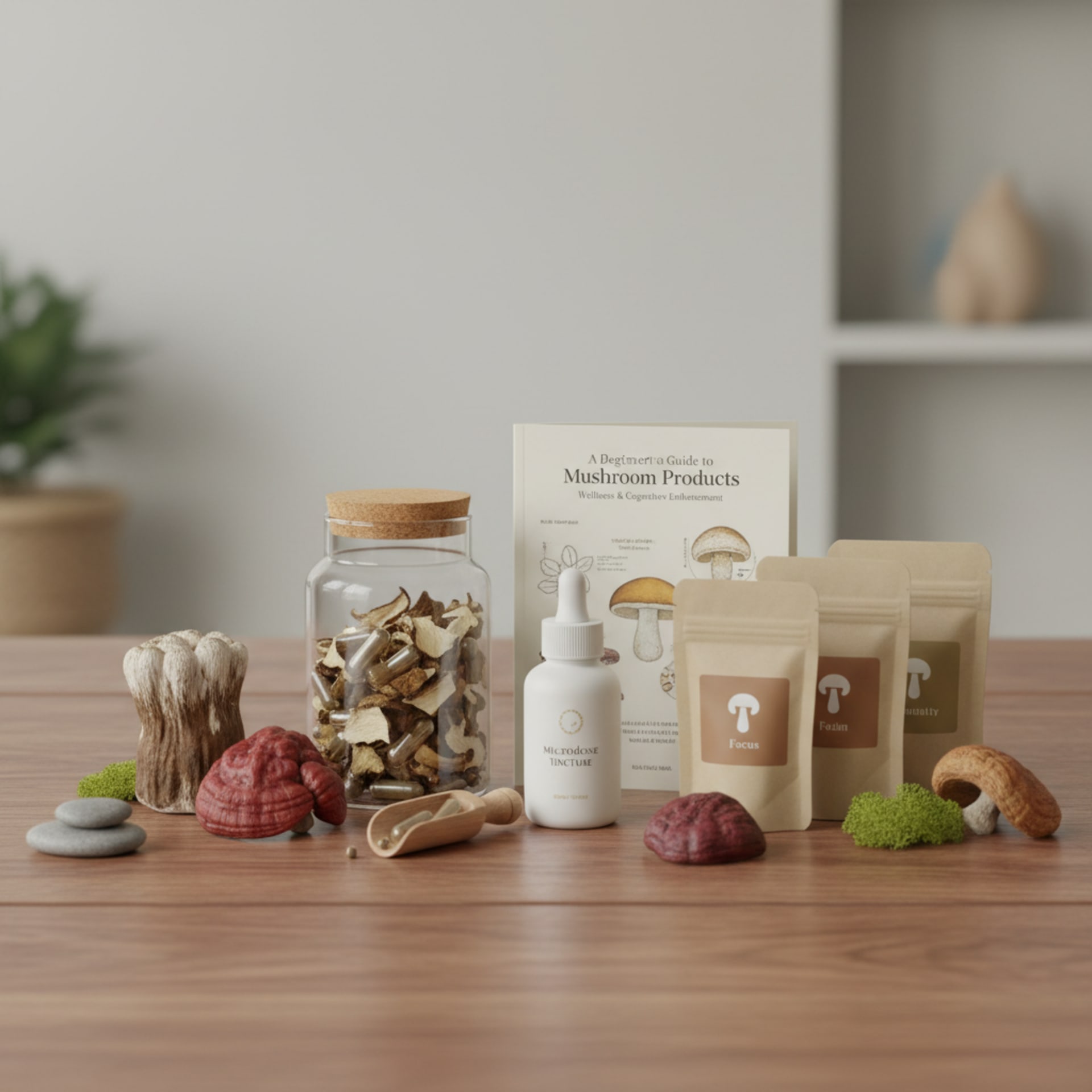 Illustrated field guide of glowing bioluminescent mushroom species in a cosmic setting