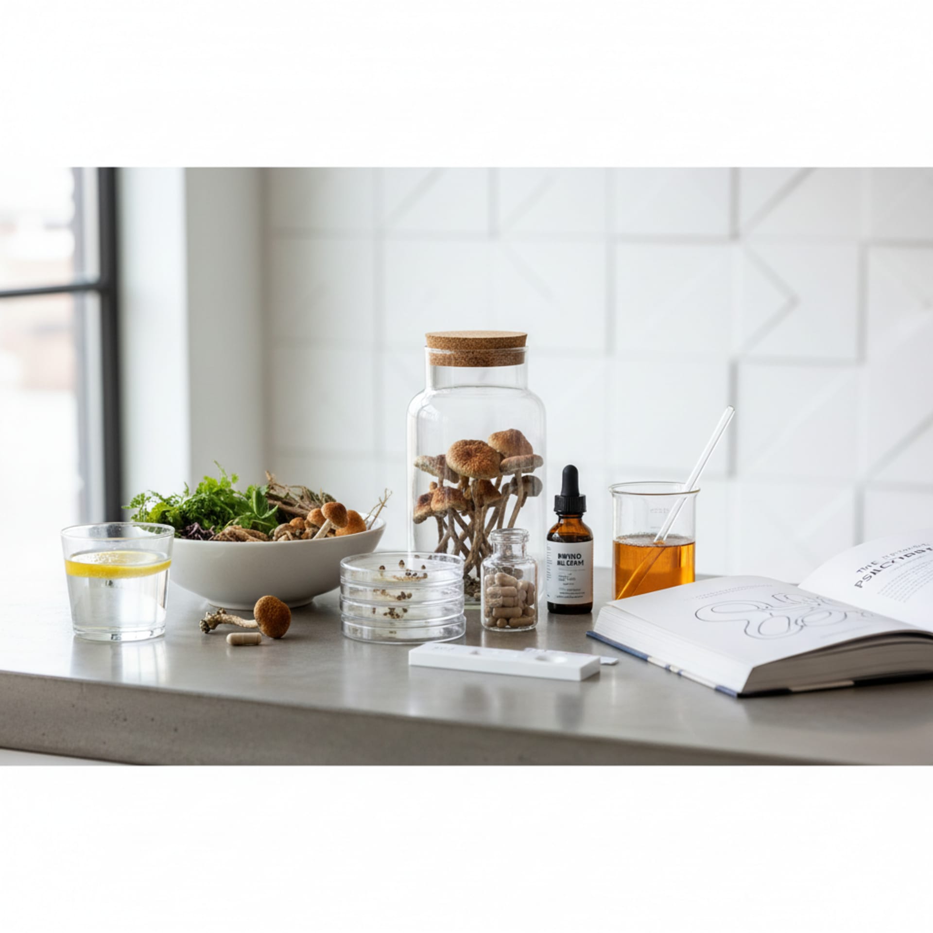 Psilocybin mushroom capsules next to a drug testing kit