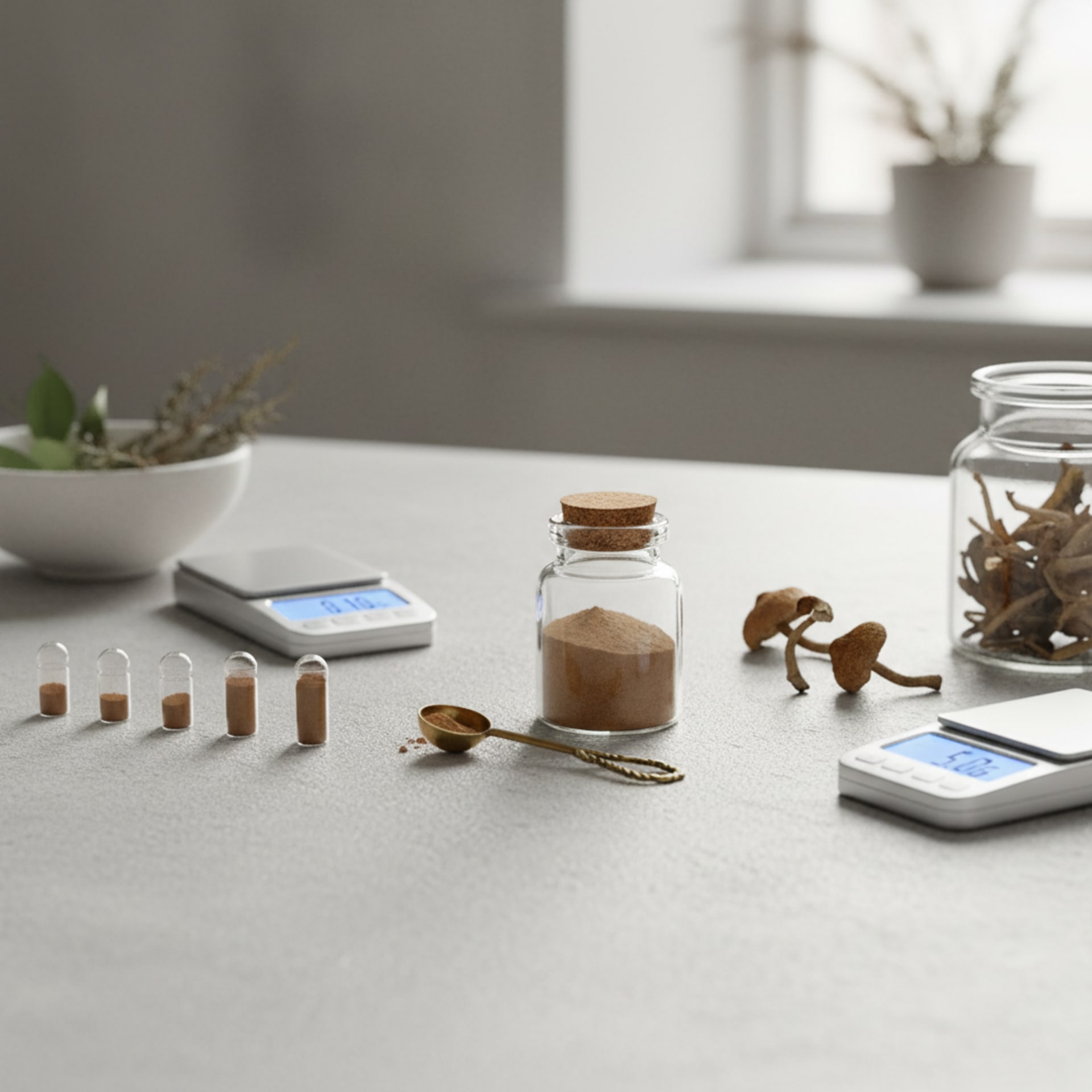 Digital scale measuring dried psilocybin mushrooms for dosage guide