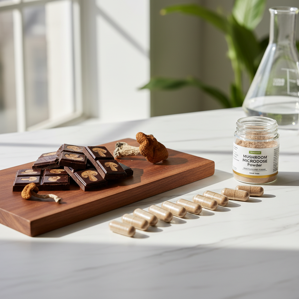 Split comparison of segmented mushroom chocolate bar and capsules filled with golden-brown powder on a dark surface with purple and teal ambient lighting