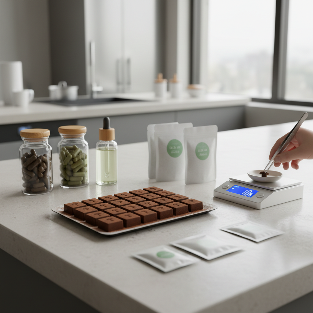 Segmented mushroom chocolate bar broken apart revealing homogenized ground mushroom powder with cosmic purple glow