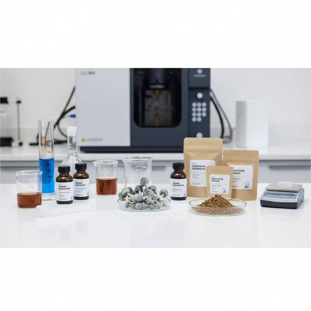 Certificate of Analysis document beside dried mushroom samples and sealed packaging on a dark laboratory surface