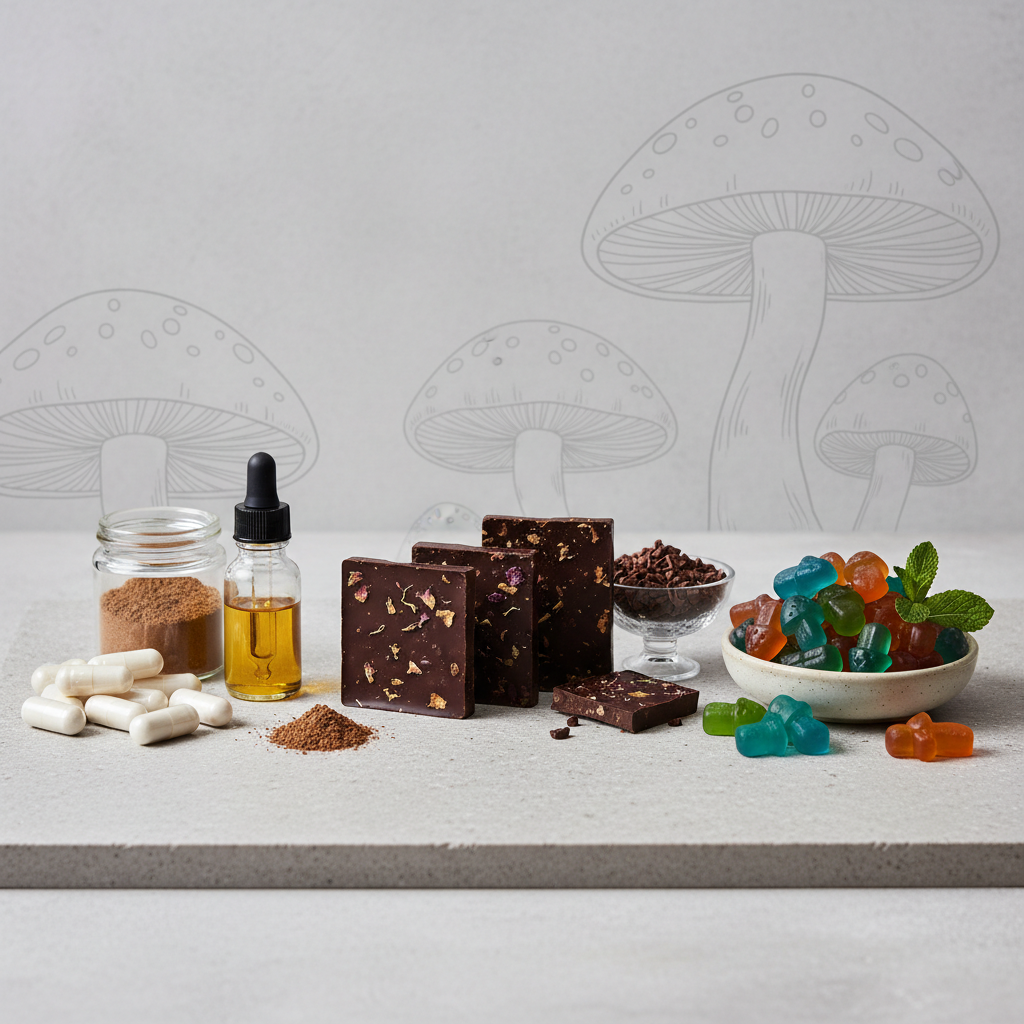 Floating capsules, chocolate bars, and gummy bears among bioluminescent mushrooms in a cosmic void